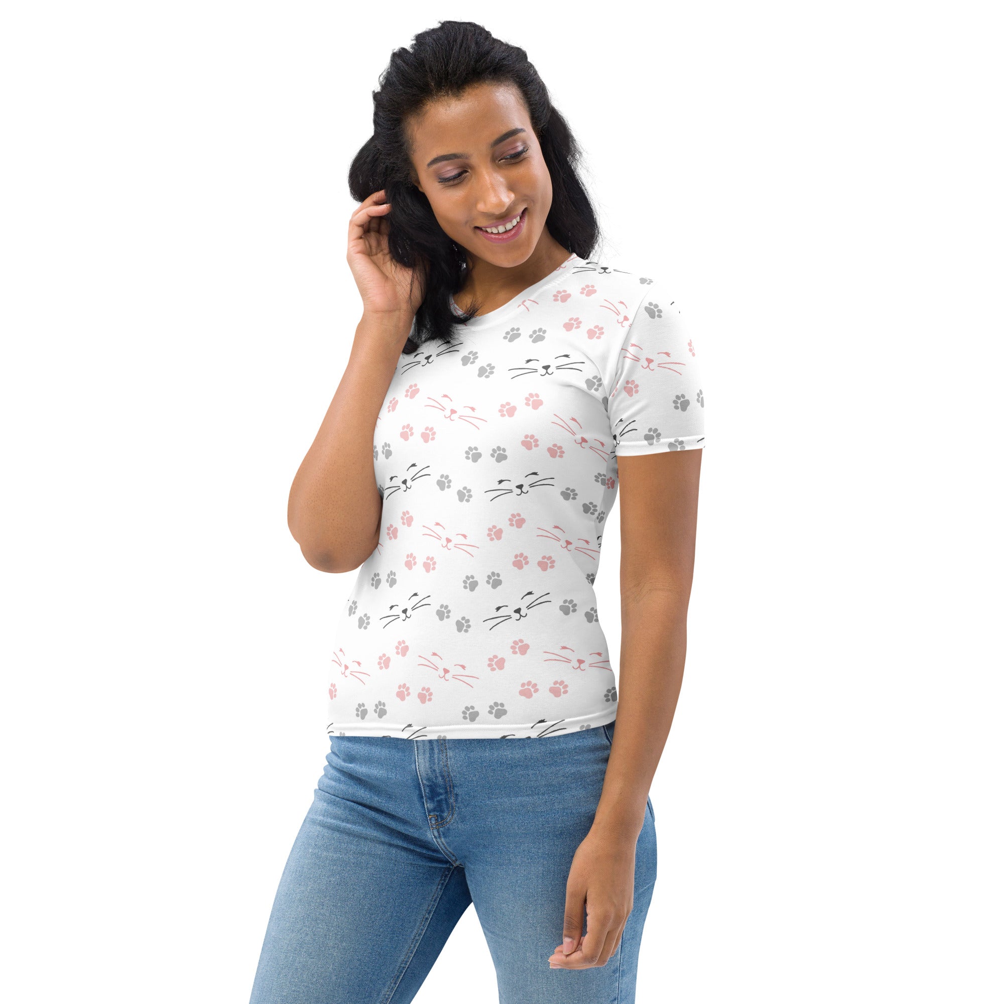 White short-sleeved t-shirt with pink and gray cat face and paw print pattern made of soft stretch jersey for women