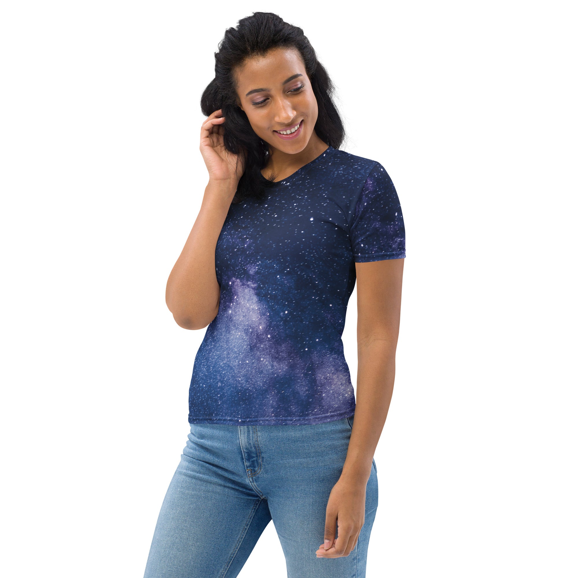 A navy blue women’s short-sleeved t-shirt with a detailed purple and white galaxy print made of soft stretch jersey