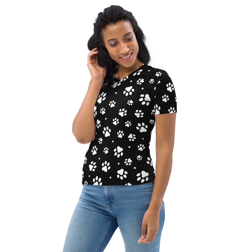 Women’s black paw print t-shirt soft stretch jersey tee with short sleeves and white paw print pattern