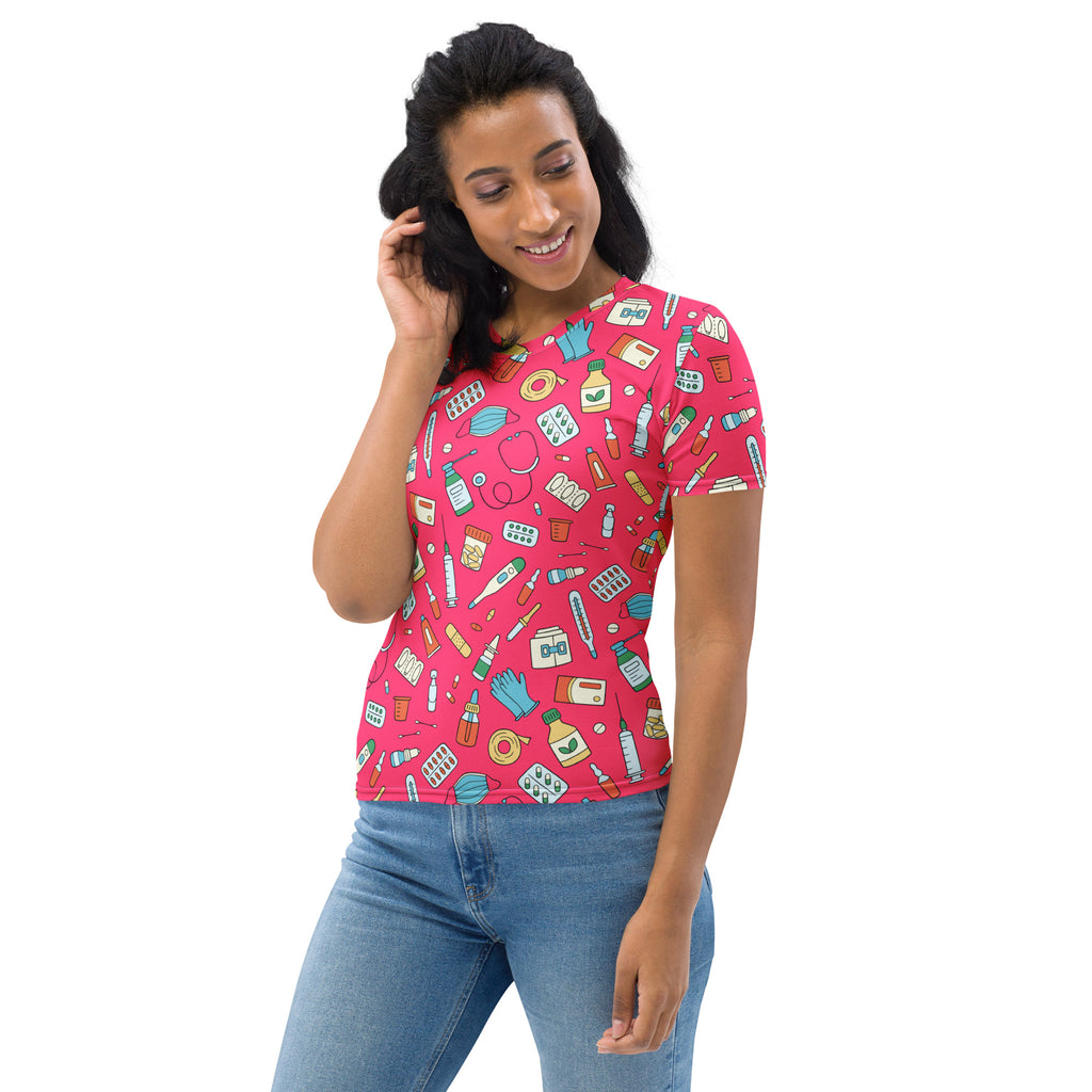 Women’s pink nurse themed short-sleeved t-shirt with colorful medical icons made of soft stretch jersey fabric