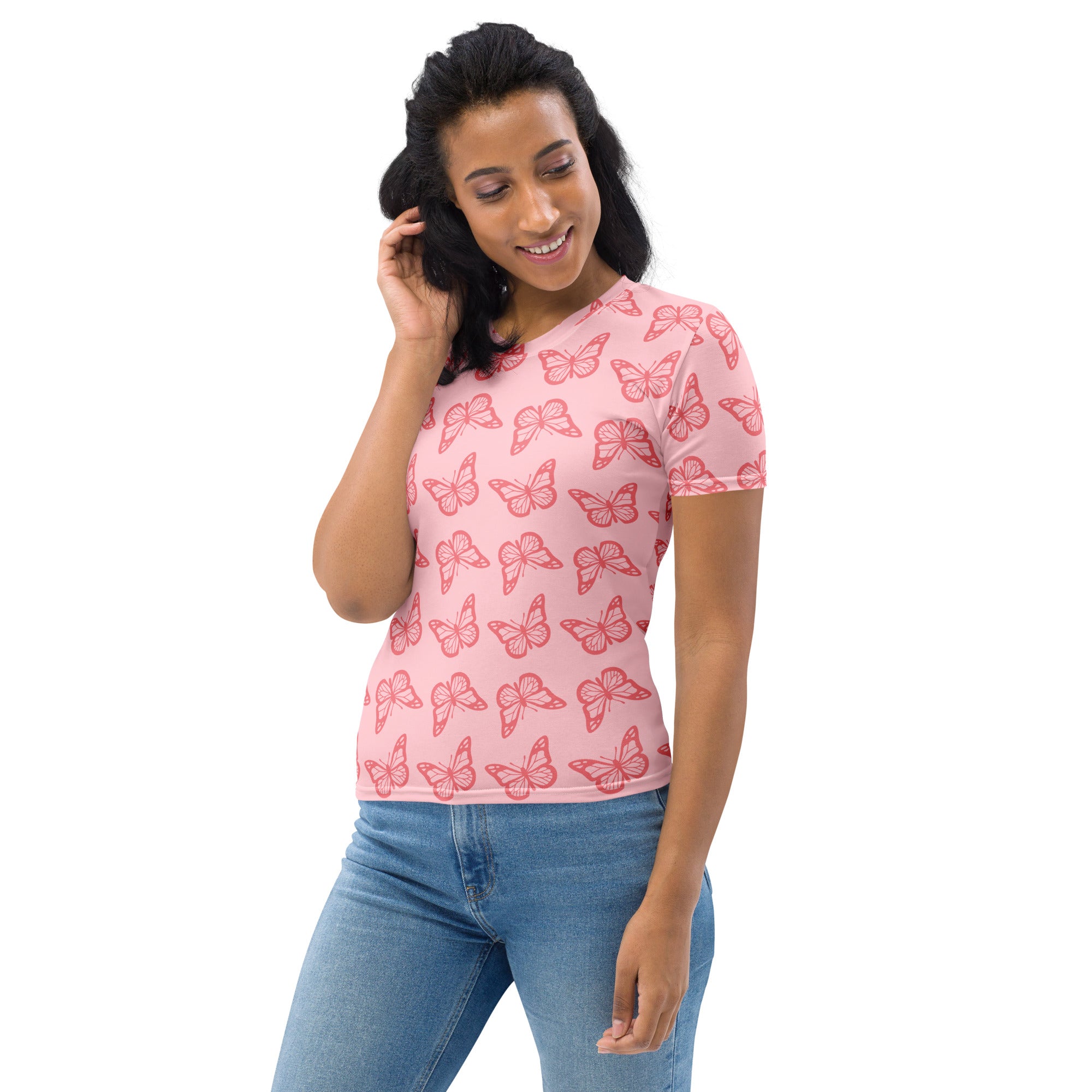 Women’s light pink butterfly t-shirt with red butterfly pattern made from soft stretch jersey fabric