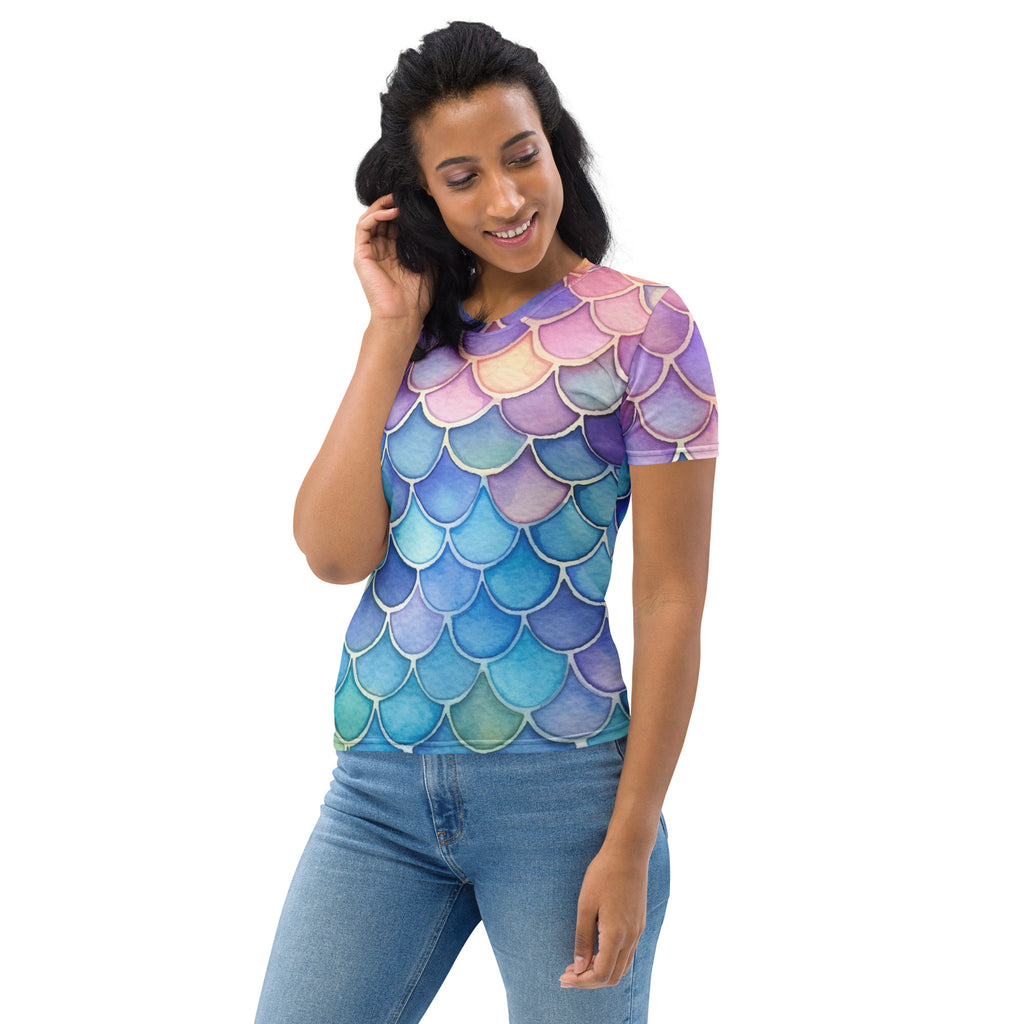 Women’s mermaid scales t-shirt with vibrant purple blue and teal mermaid scale pattern soft stretch jersey tee