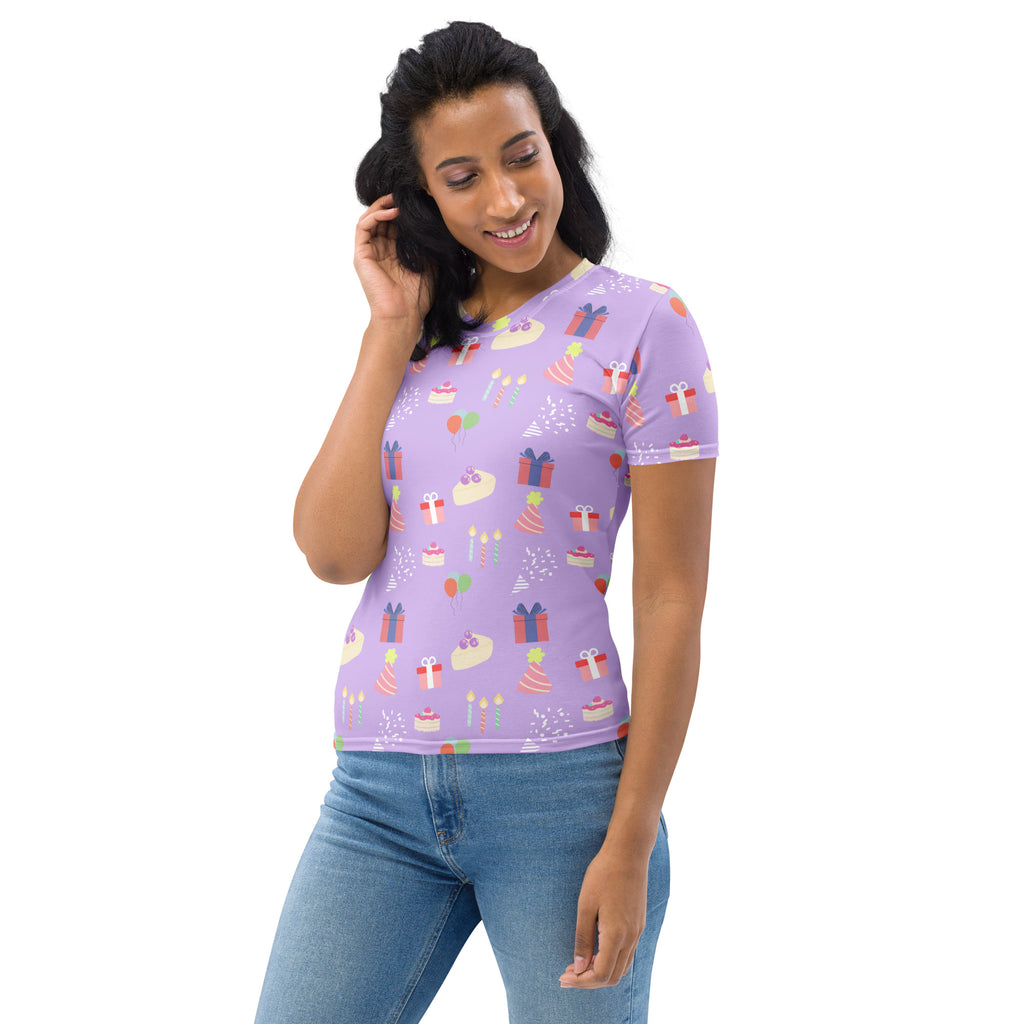 Women’s purple birthday party t-shirt with playful pastel birthday cakes and gifts pattern in soft stretch jersey fabric
