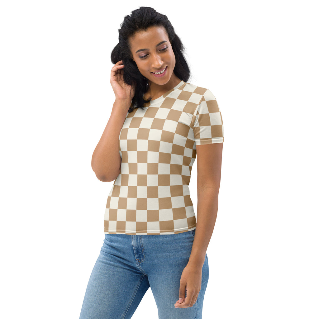 Women’s tan checkerboard t-shirt in soft stretch jersey with a classic beige and off-white short-sleeve design