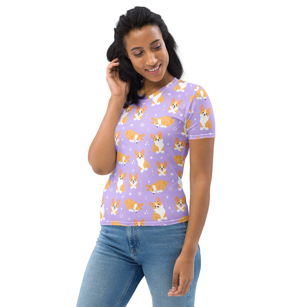 Women's Purple Corgi Dog T-Shirt – Soft Stretch Jersey Tee