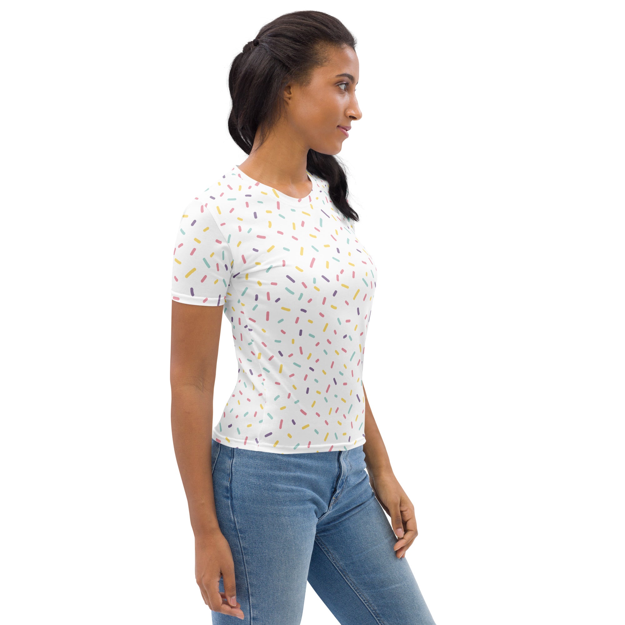 White women’s short-sleeved t-shirt with colorful sprinkles pattern made from soft stretch jersey fabric