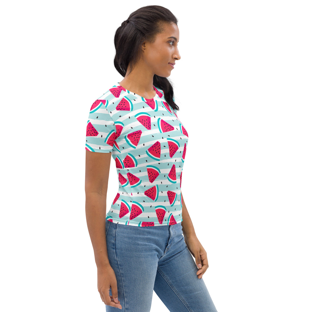 Women’s watermelon print t-shirt with pink watermelon slices on light blue and white stripes in soft stretch jersey