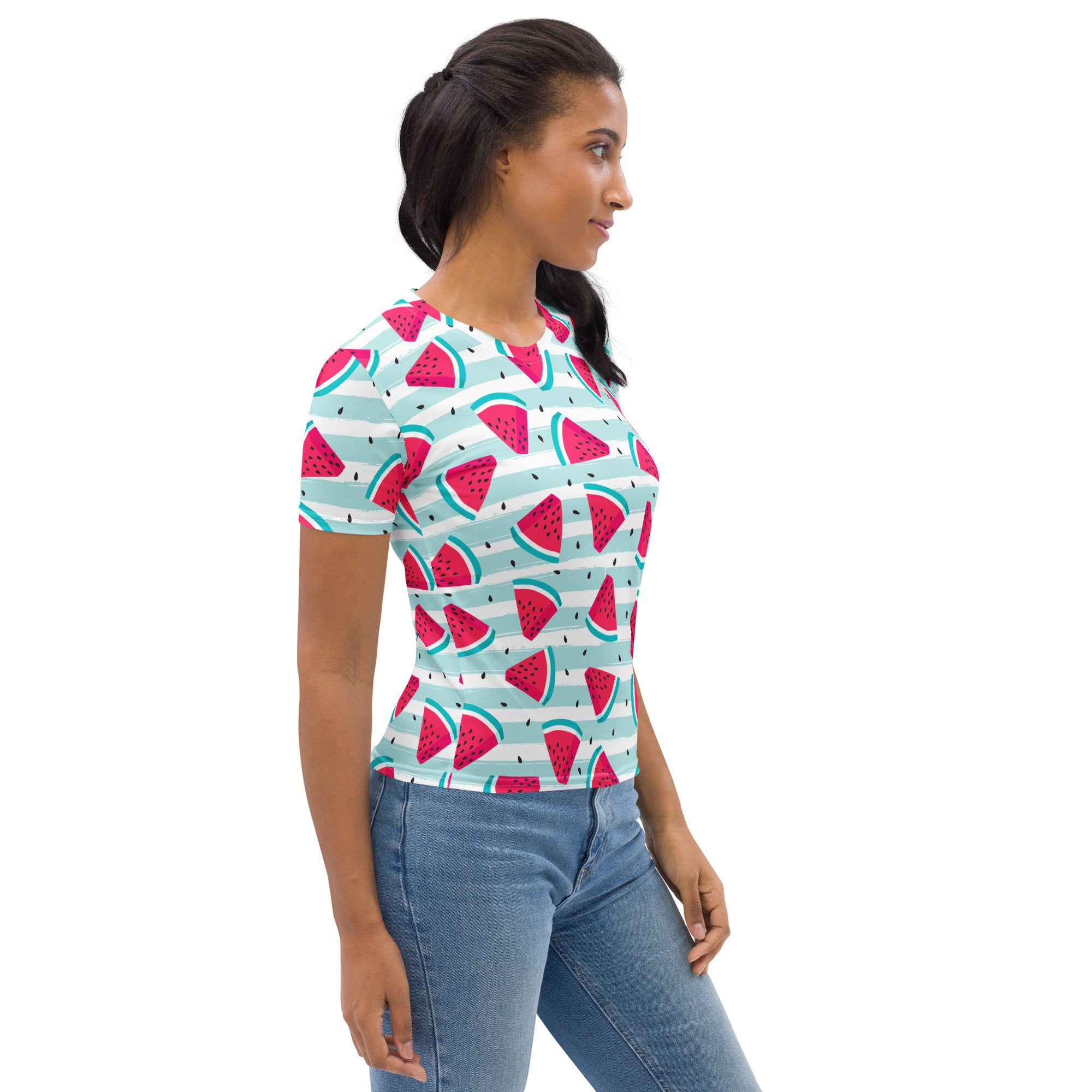 Women’s watermelon print t-shirt with pink watermelon slices on light blue and white stripes in soft stretch jersey