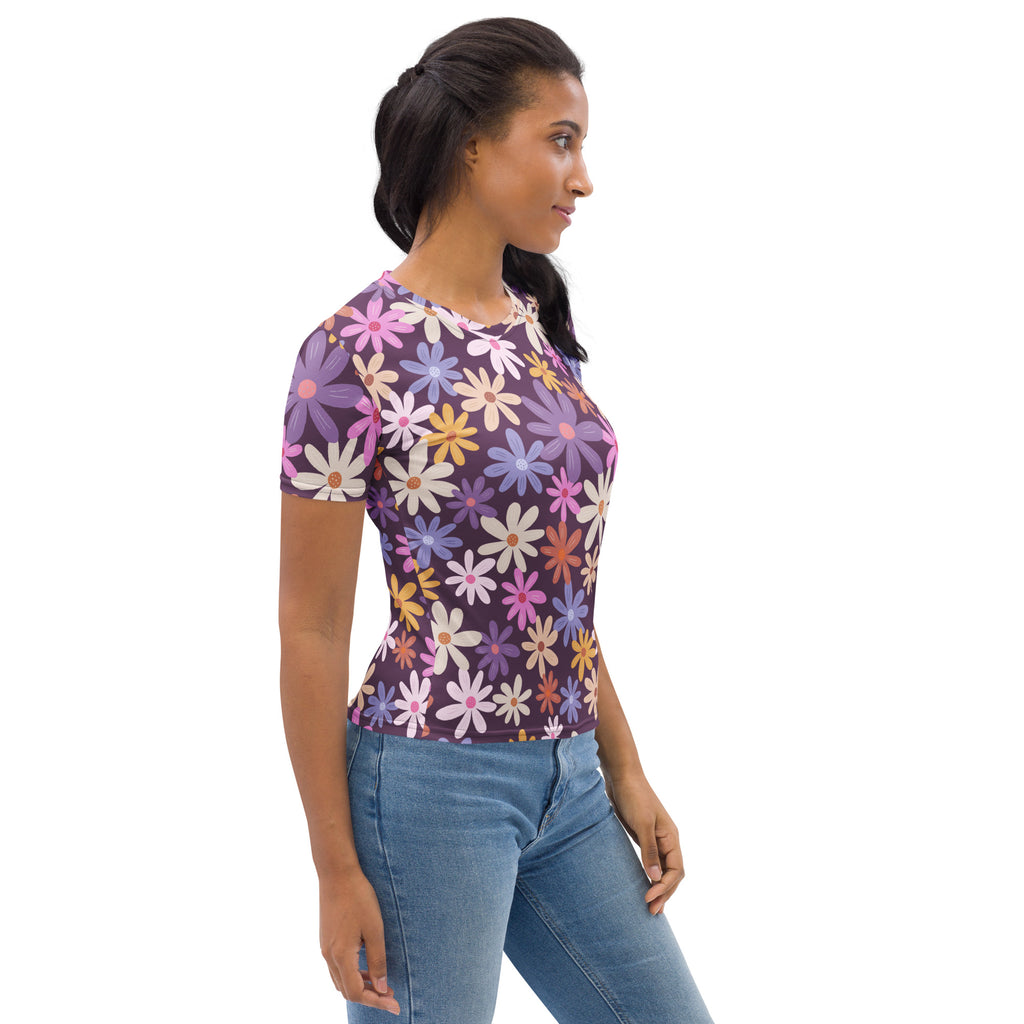 Women’s retro purple daisy t-shirt vibrant floral pattern with daisies on soft stretch jersey fabric