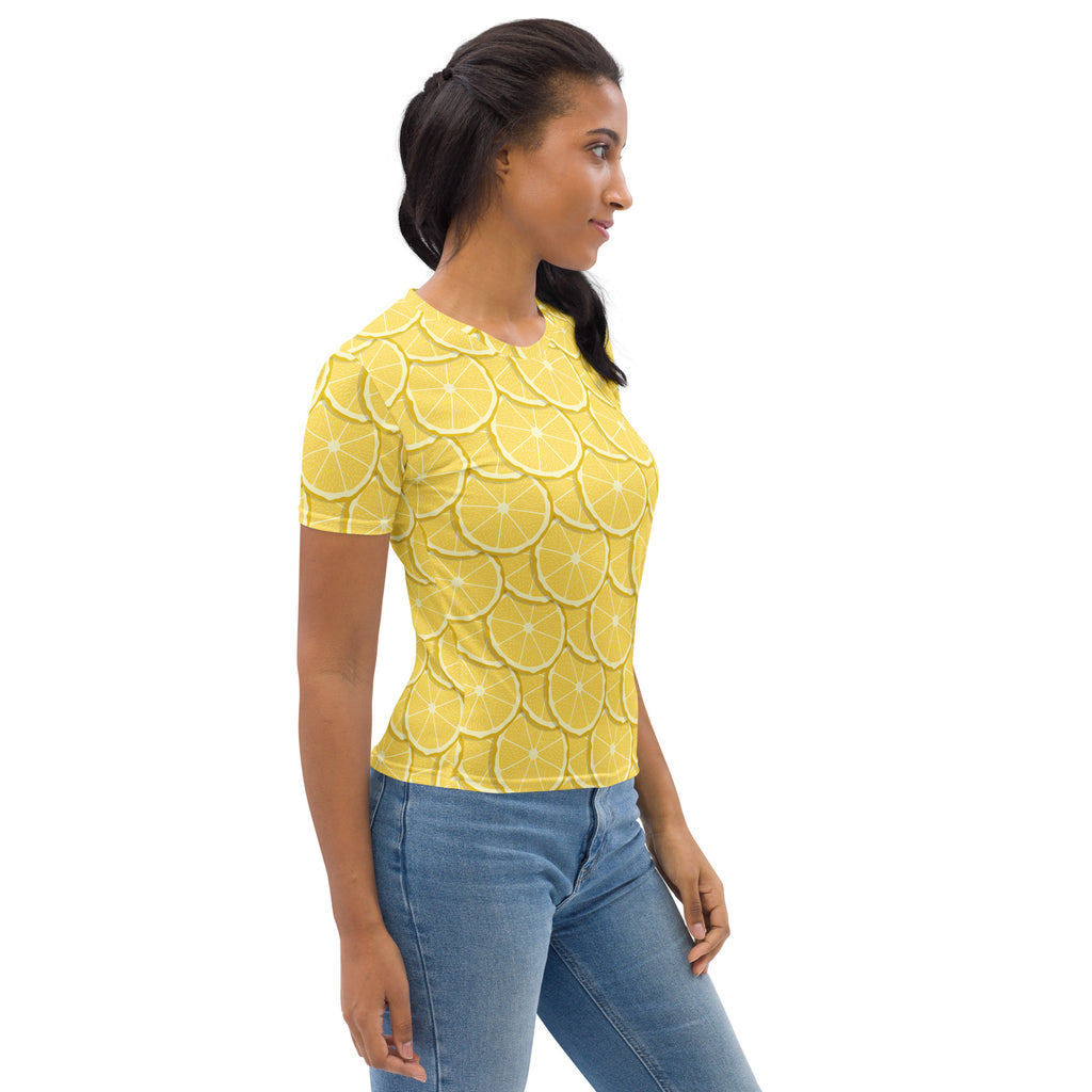 Yellow short-sleeved women’s t-shirt with lemon slice print made from soft stretch jersey fabric
