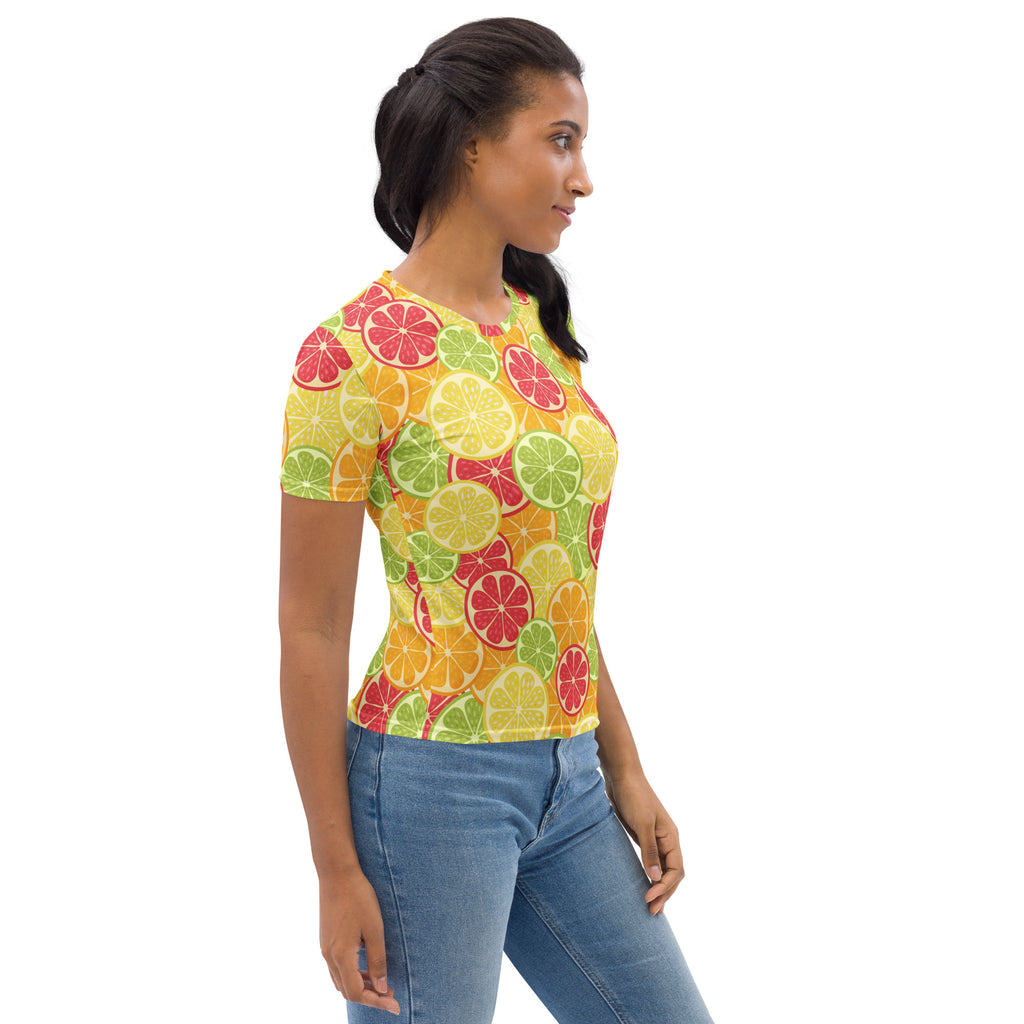 Women’s citrus fruit slice t-shirt in soft stretch jersey with vibrant yellow green and red citrus fruit pattern