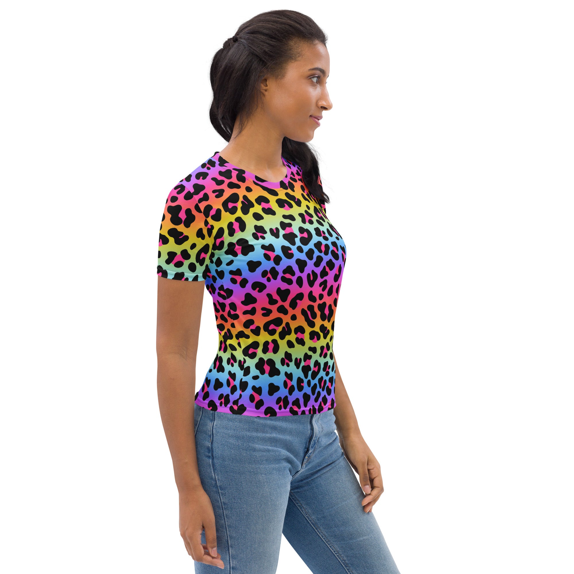 A women’s pride rainbow leopard t-shirt with vibrant rainbow colors and bold black leopard print in soft stretch jersey