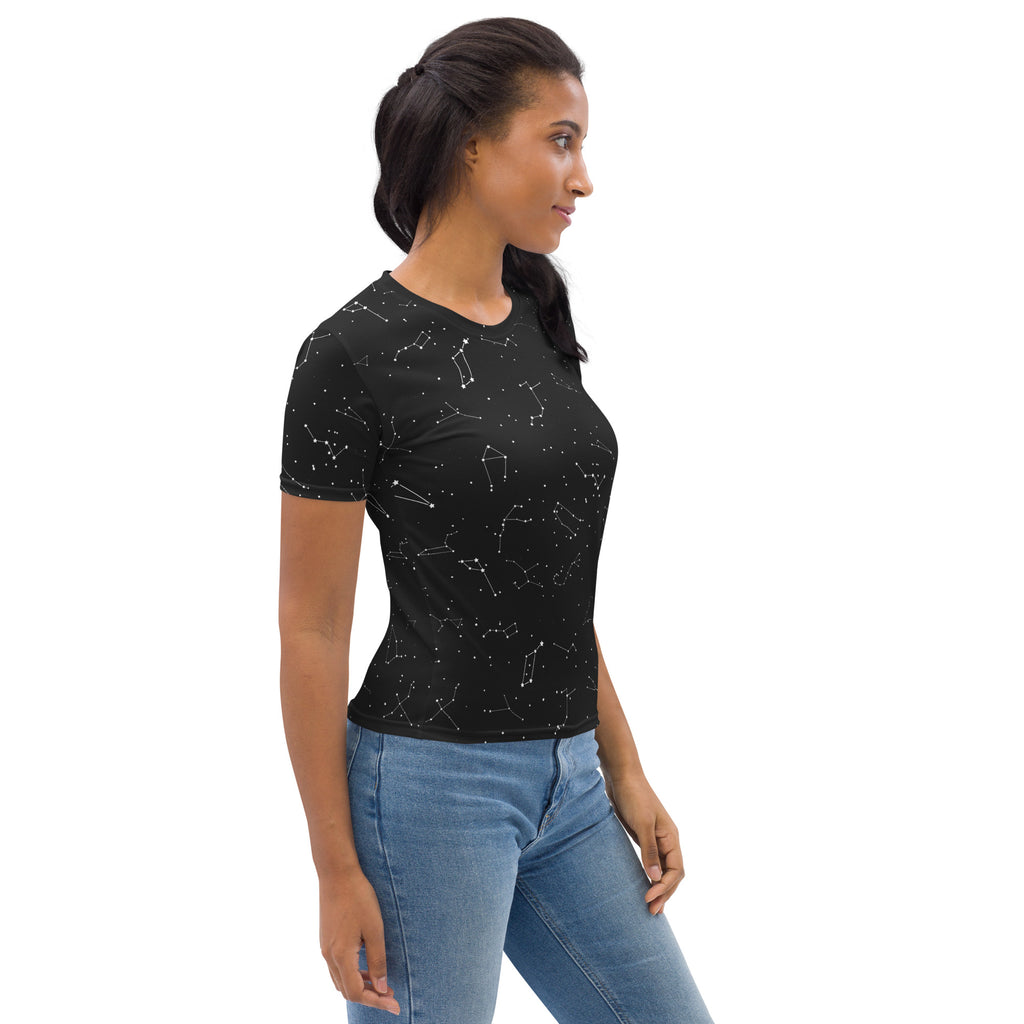 Black women’s short-sleeved t-shirt featuring a white realistic constellation pattern in soft stretch jersey fabric