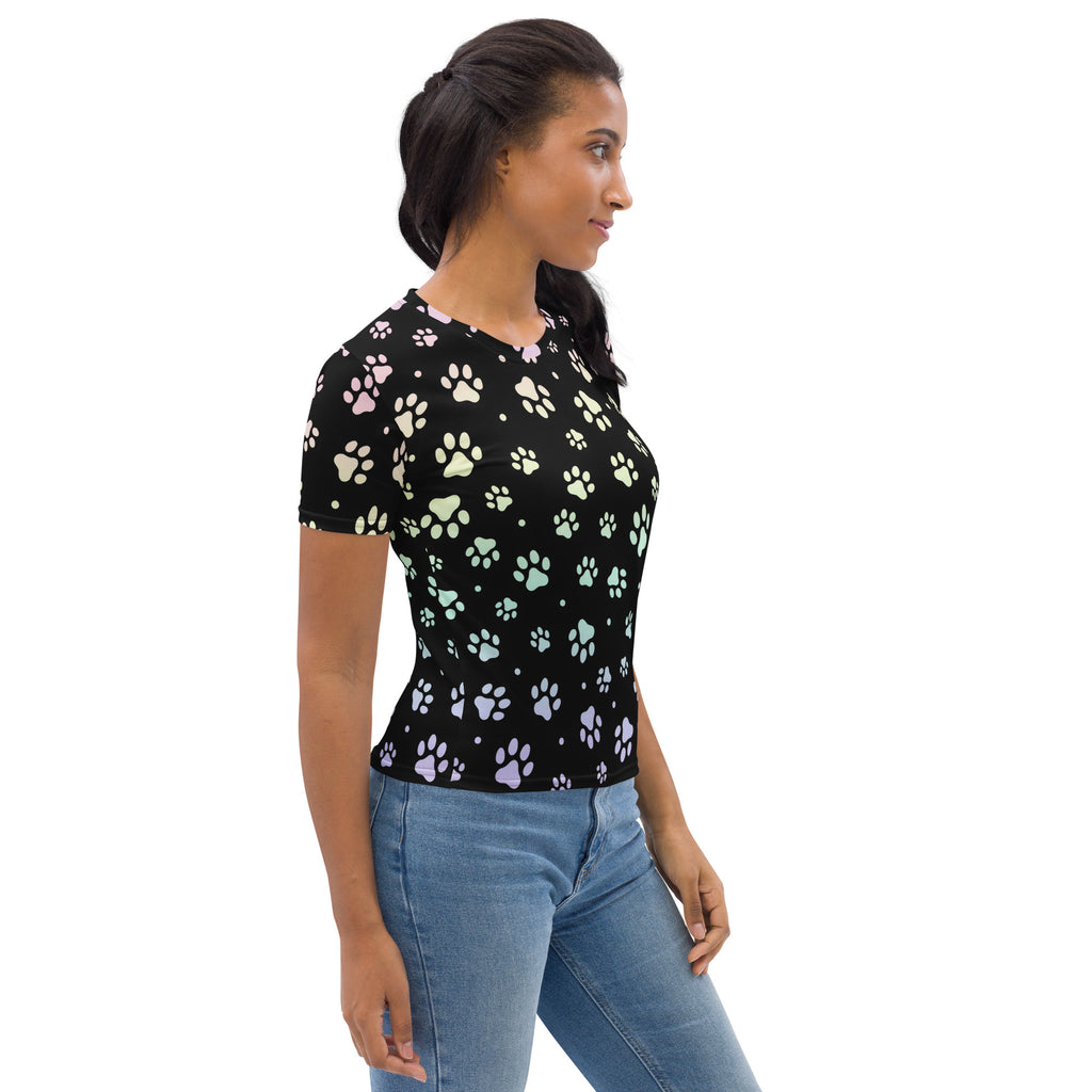 Black short-sleeved women’s t-shirt with pastel rainbow paw prints made from soft stretch jersey fabric