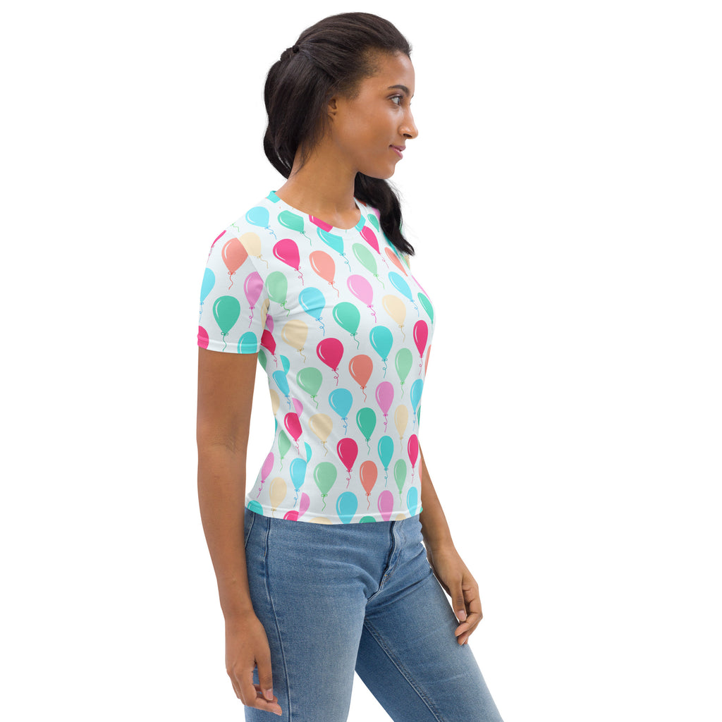 White short-sleeved women’s birthday balloon t-shirt with multicolored balloons in soft stretch jersey fabric