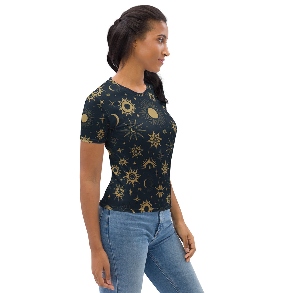 Black women’s short-sleeved celestial sun and moon t-shirt with gold pattern made of soft stretch jersey fabric