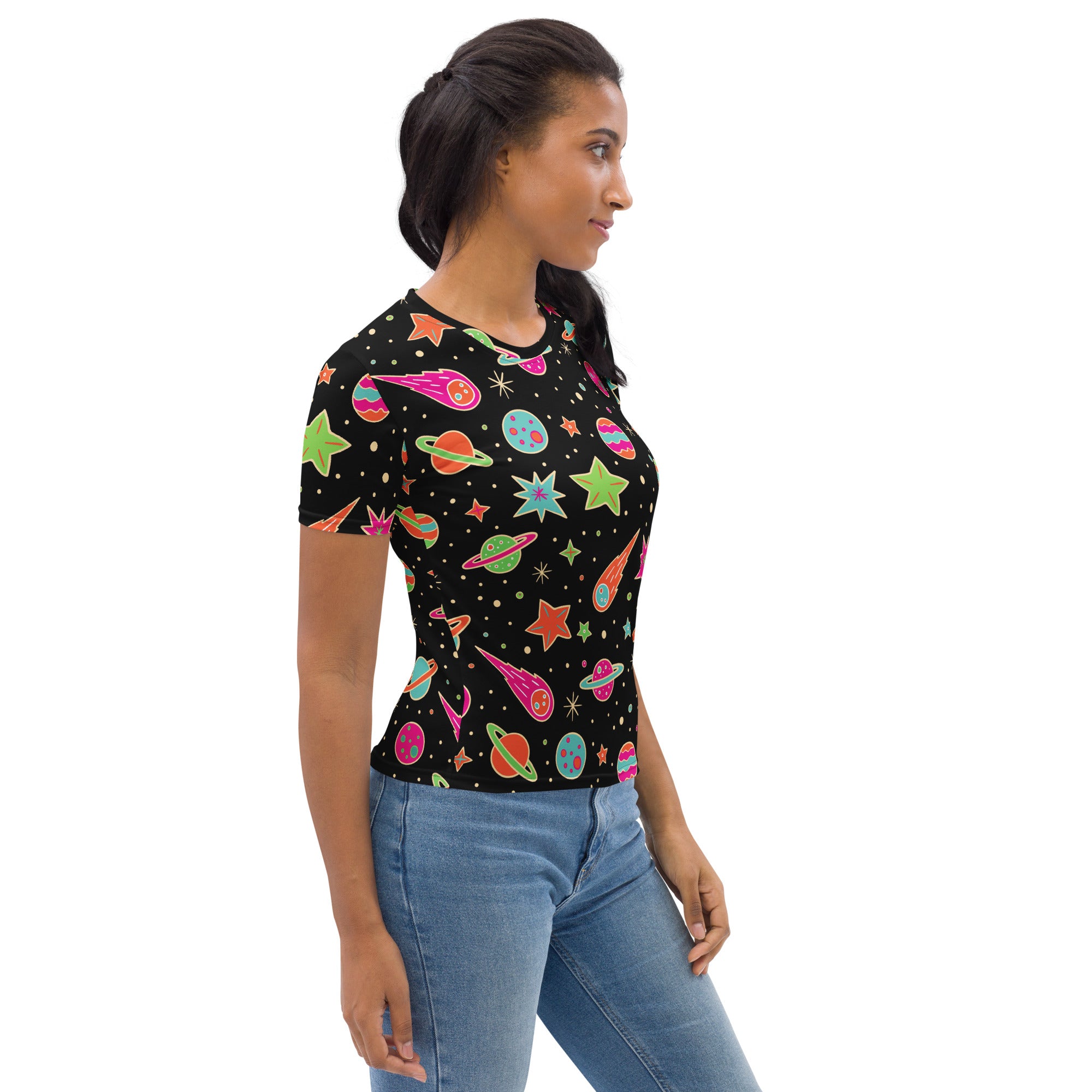 Black women’s retro space print t-shirt with vibrant neon planets and stars design made from soft stretch jersey