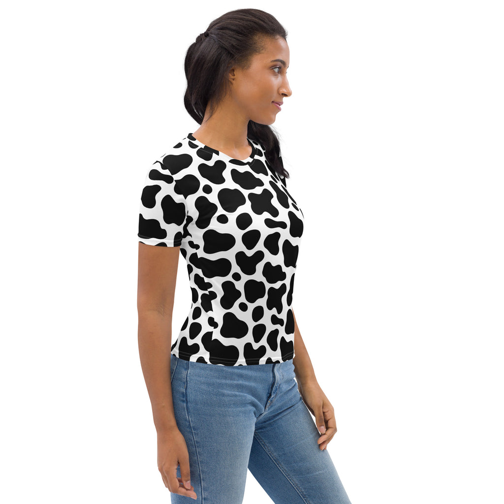 Women’s cow print t-shirt in black and white short sleeve soft stretch jersey tee for casual wear