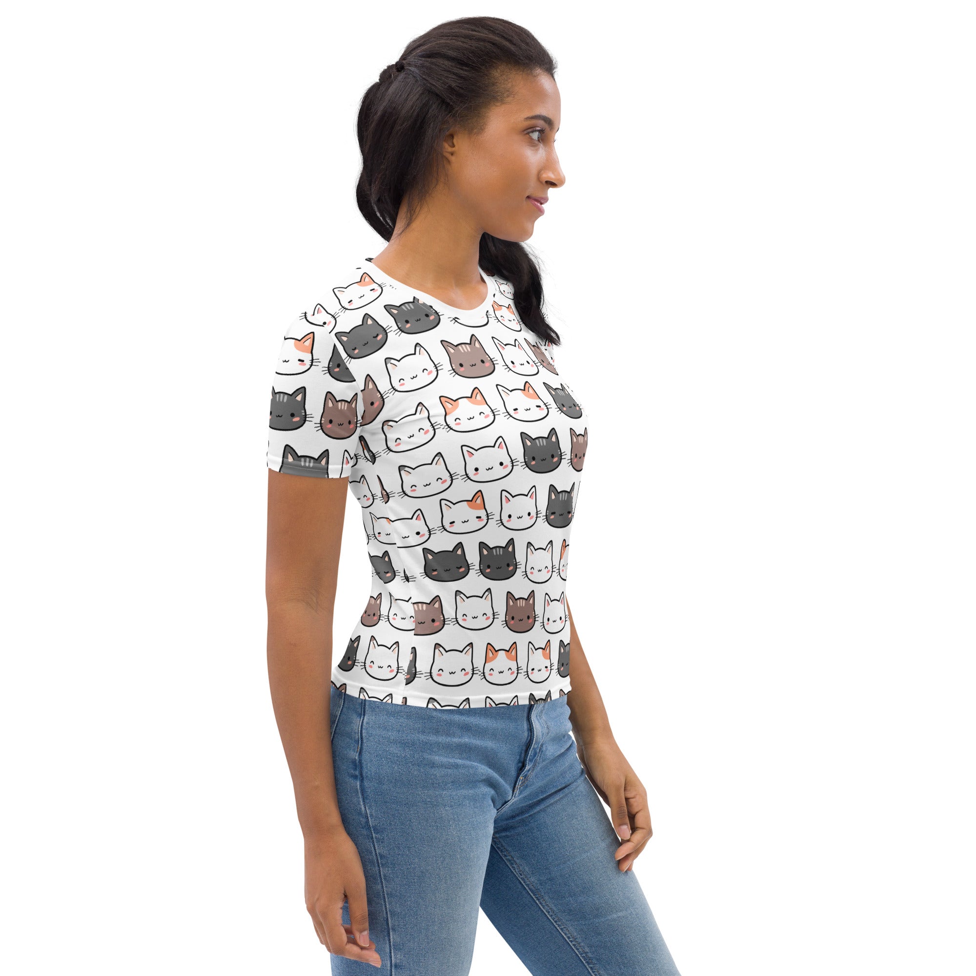 Women’s cute cat t-shirt white short-sleeved soft stretch jersey tee with playful multicolored cartoon cat faces pattern