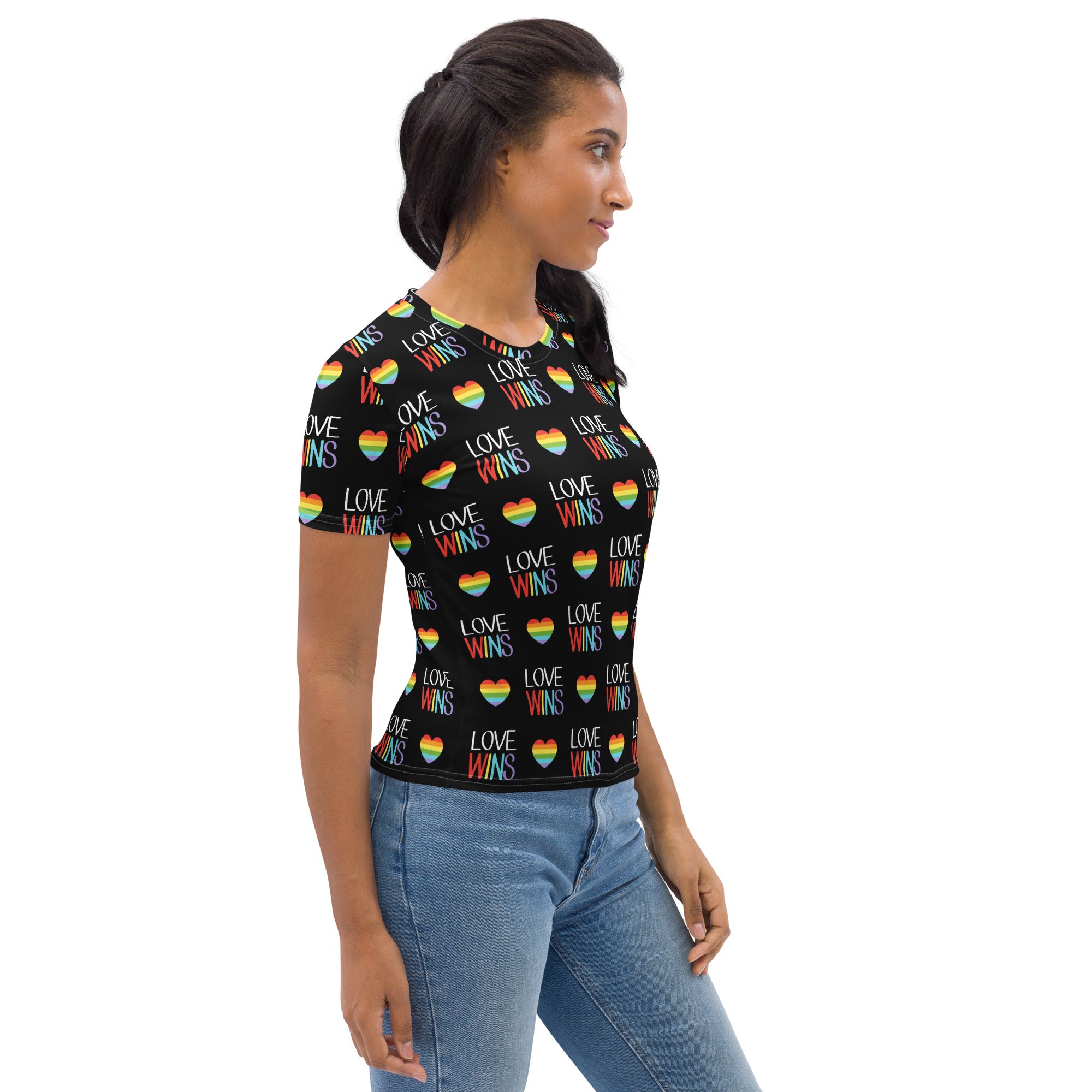 Black women’s love wins pride t-shirt with soft stretch jersey fabric and rainbow hearts repeating pattern