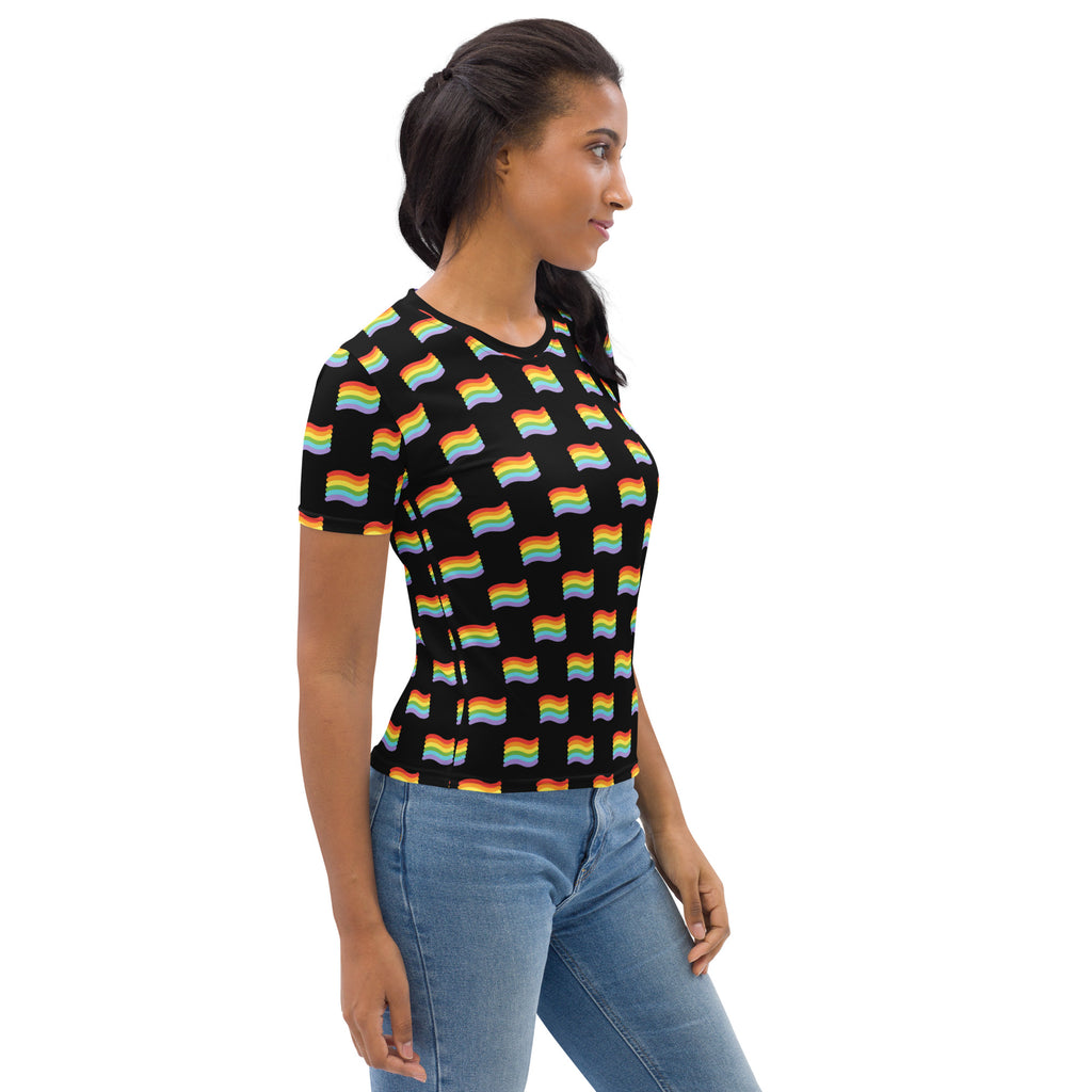 Black women’s pride flag t shirt with rainbow flag pattern made of soft stretch jersey fabric short sleeved tee