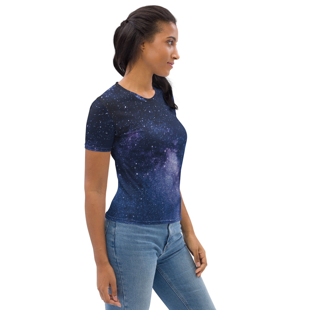 Navy blue women’s short-sleeved t-shirt with realistic galaxy print featuring white and light purple stars and nebulae