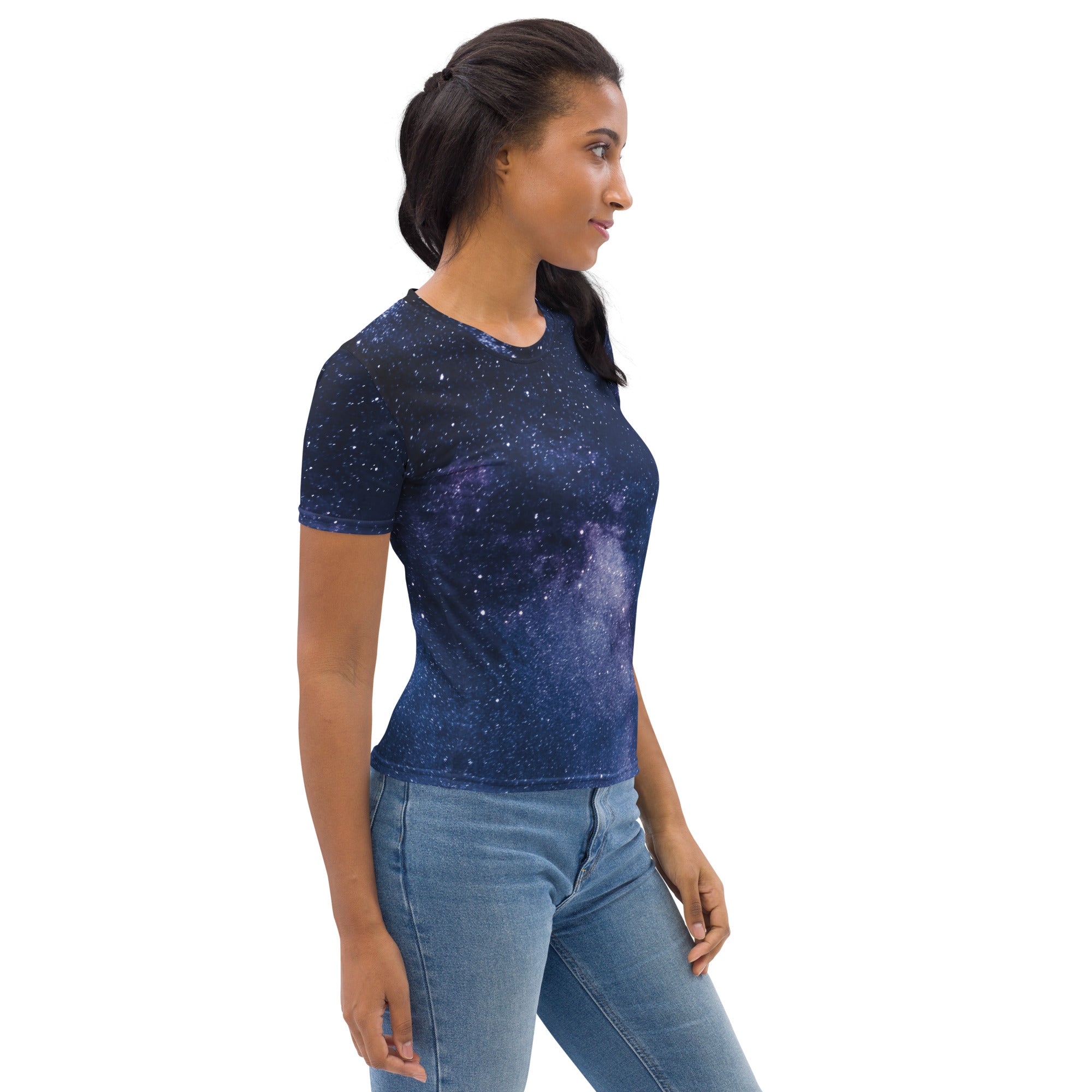 Navy blue women’s short-sleeved t-shirt with realistic galaxy print featuring white and light purple stars and nebulae