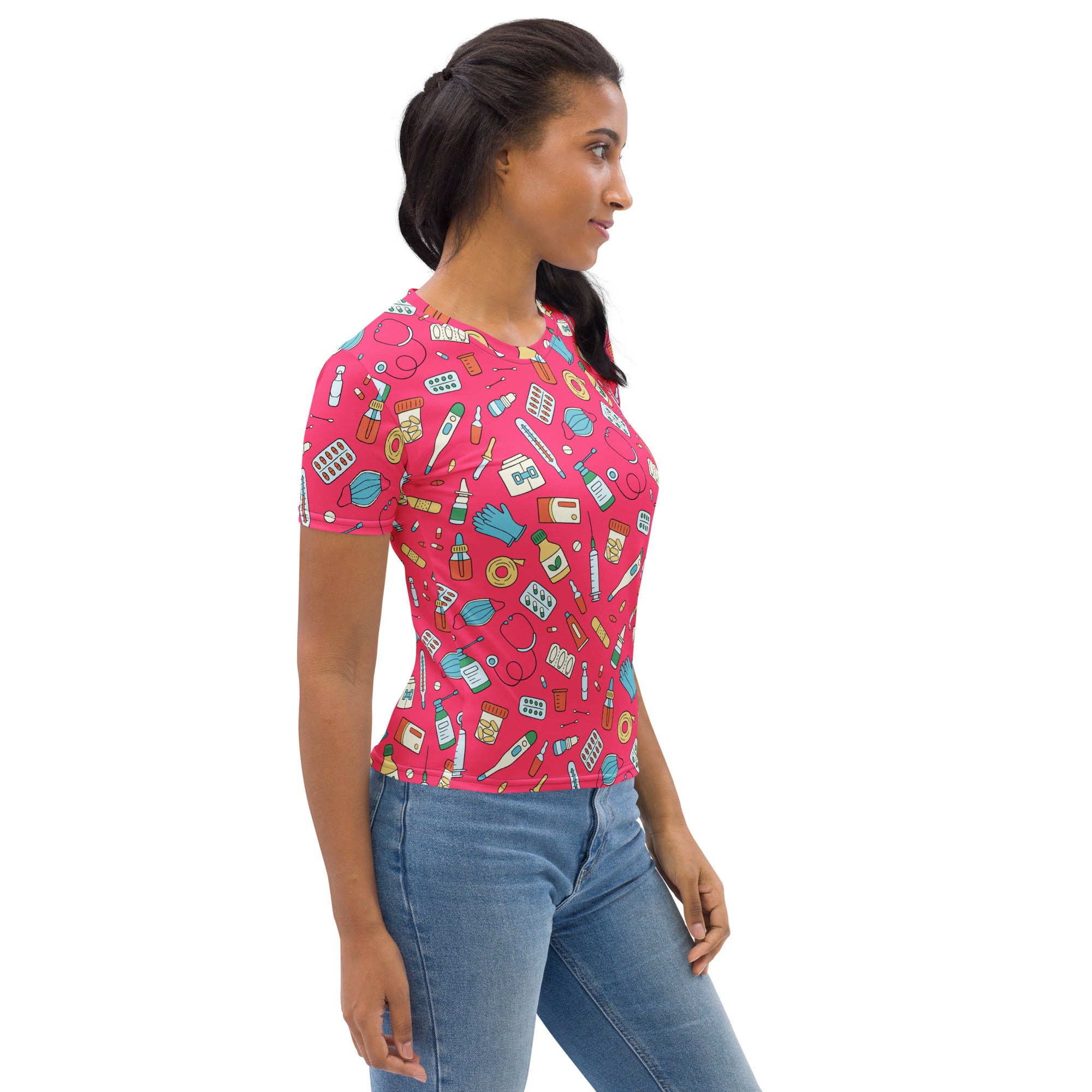 Women’s pink nurse themed short-sleeved t-shirt with playful multicolor medical pattern soft stretch jersey tee