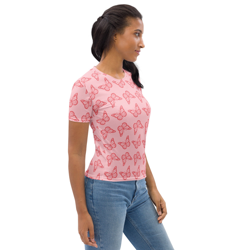 Women’s light pink butterfly t-shirt with red butterfly pattern made of soft stretch jersey fabric for casual wear