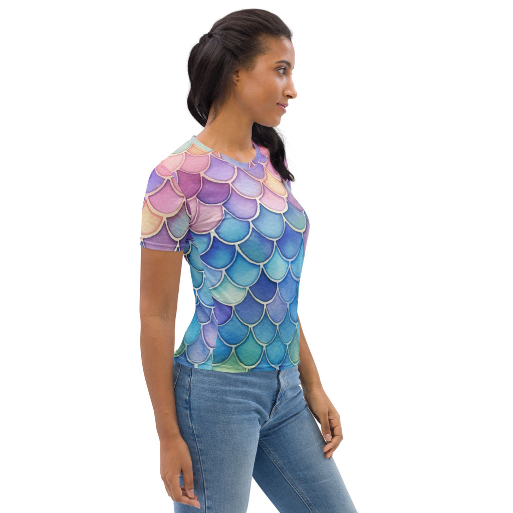 Women’s mermaid scales t-shirt with vibrant purple blue teal gradient scale pattern in soft stretch jersey fabric