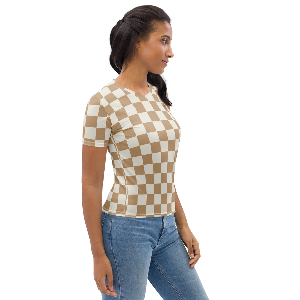 A women’s tan short-sleeved fitted t-shirt with beige and cream checkerboard pattern in soft stretch jersey