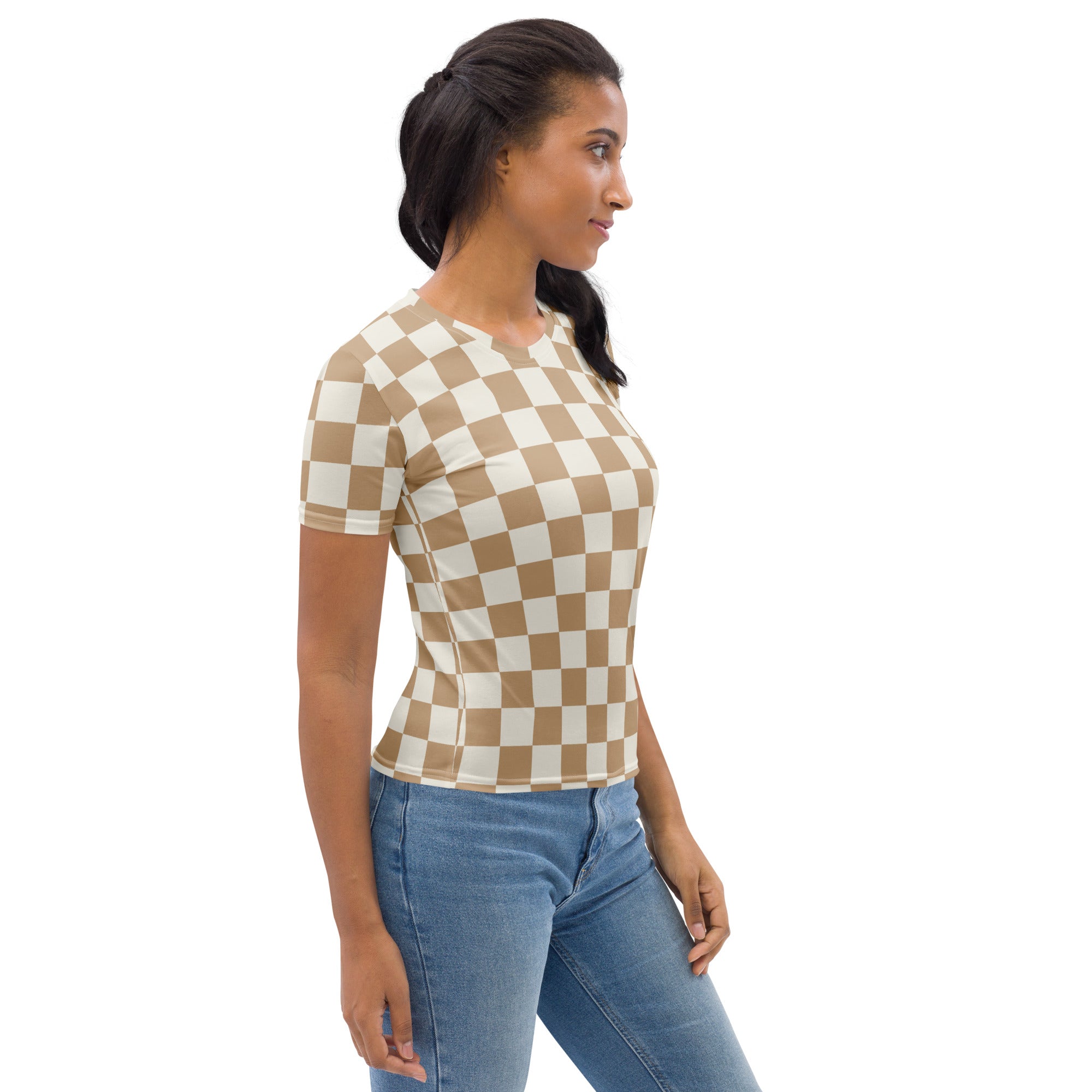 A women’s tan short-sleeved fitted t-shirt with beige and cream checkerboard pattern in soft stretch jersey