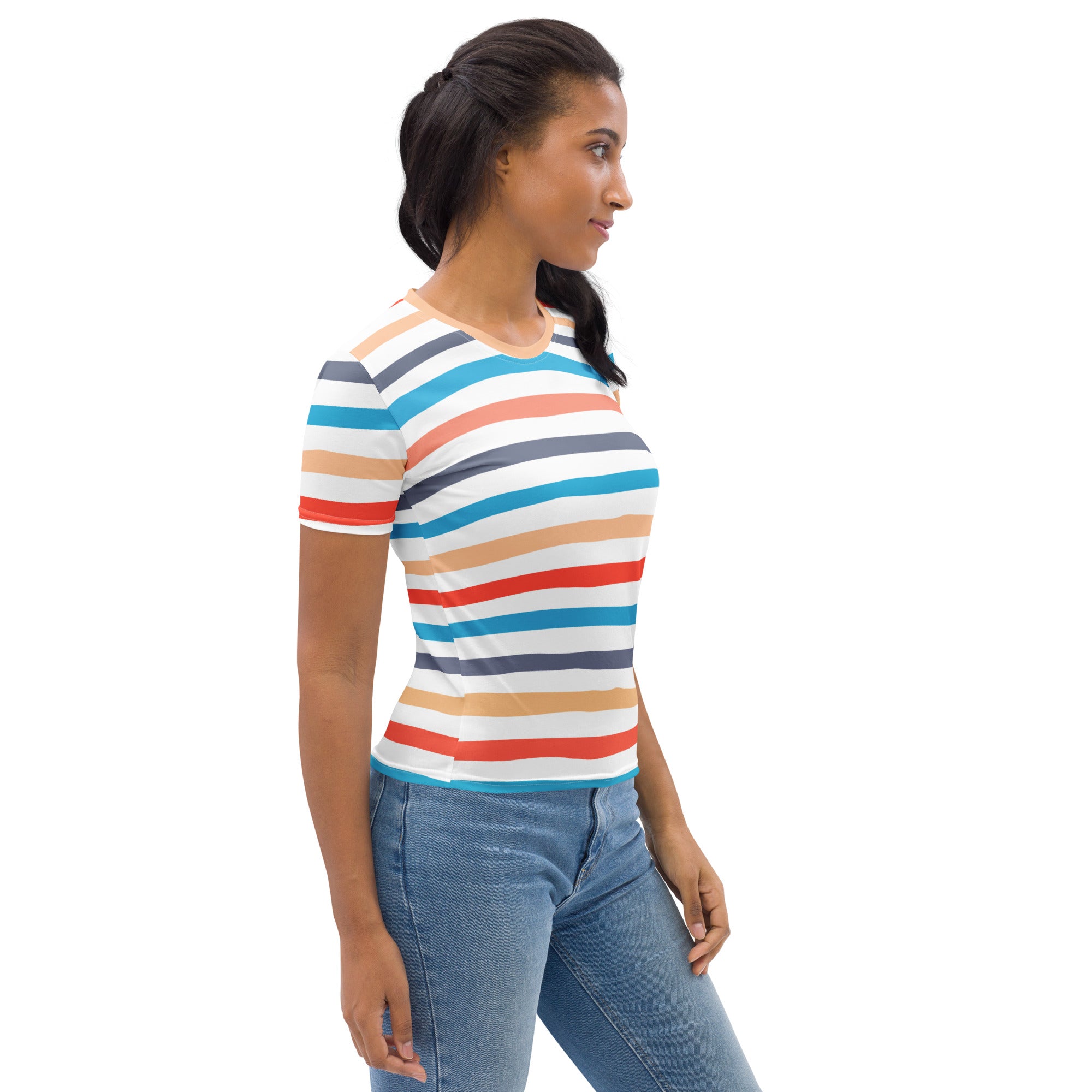A woman wears a women’s retro striped t-shirt in soft stretch jersey with white blue red orange and gray horizontal stripes