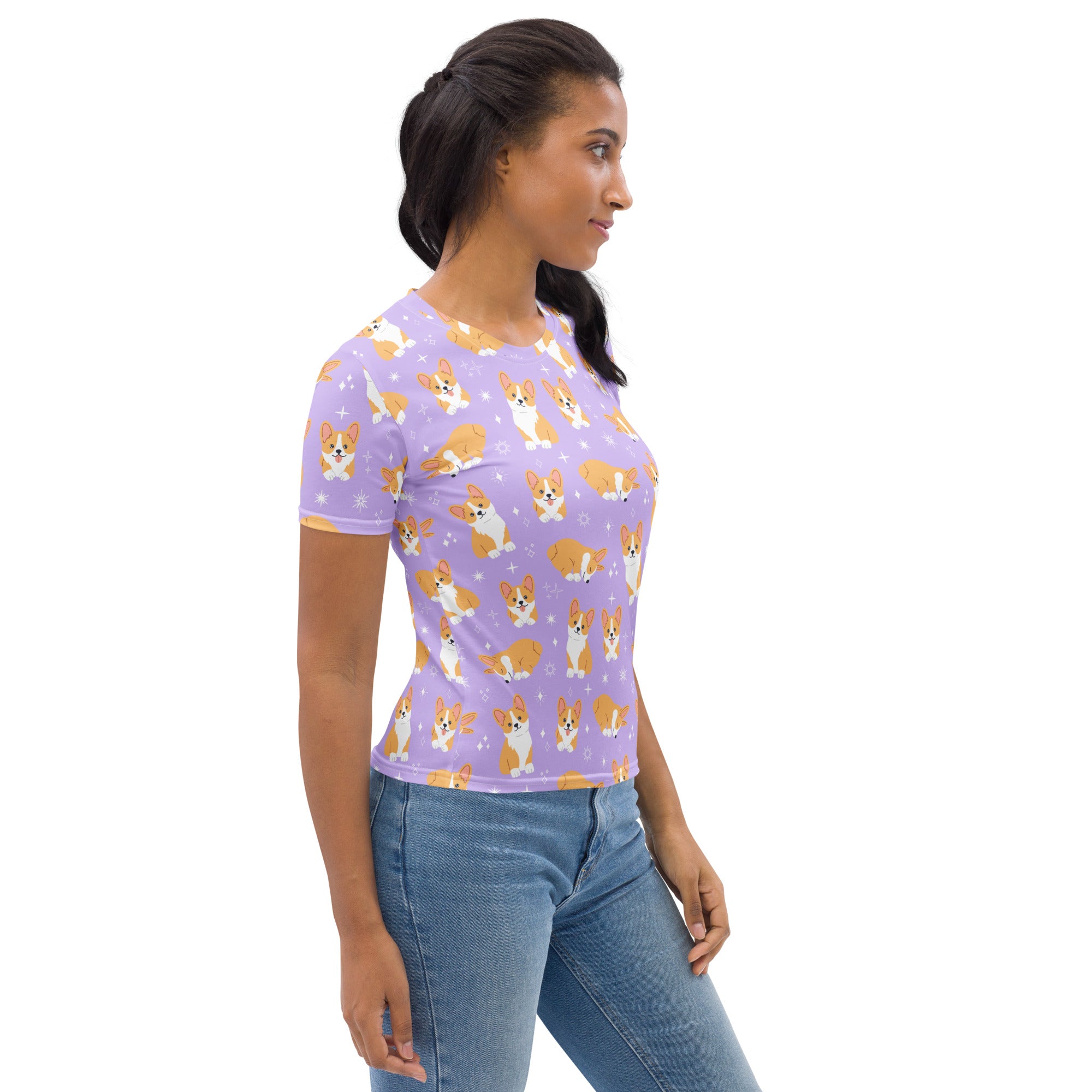 Women's Purple Corgi Dog T-Shirt – Soft Stretch Jersey Tee