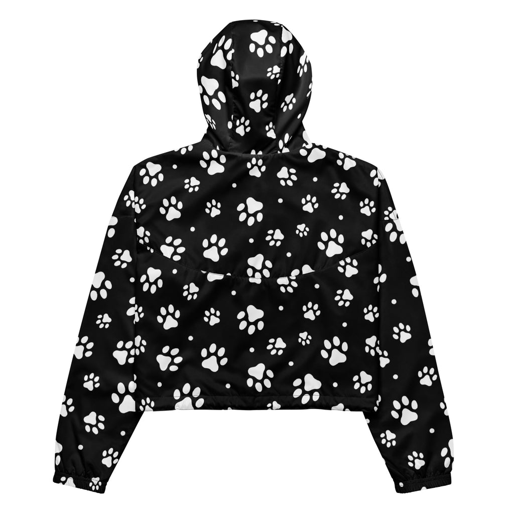Women’s black hooded windbreaker with white paw print pattern lightweight water resistant with adjustable hood and pockets