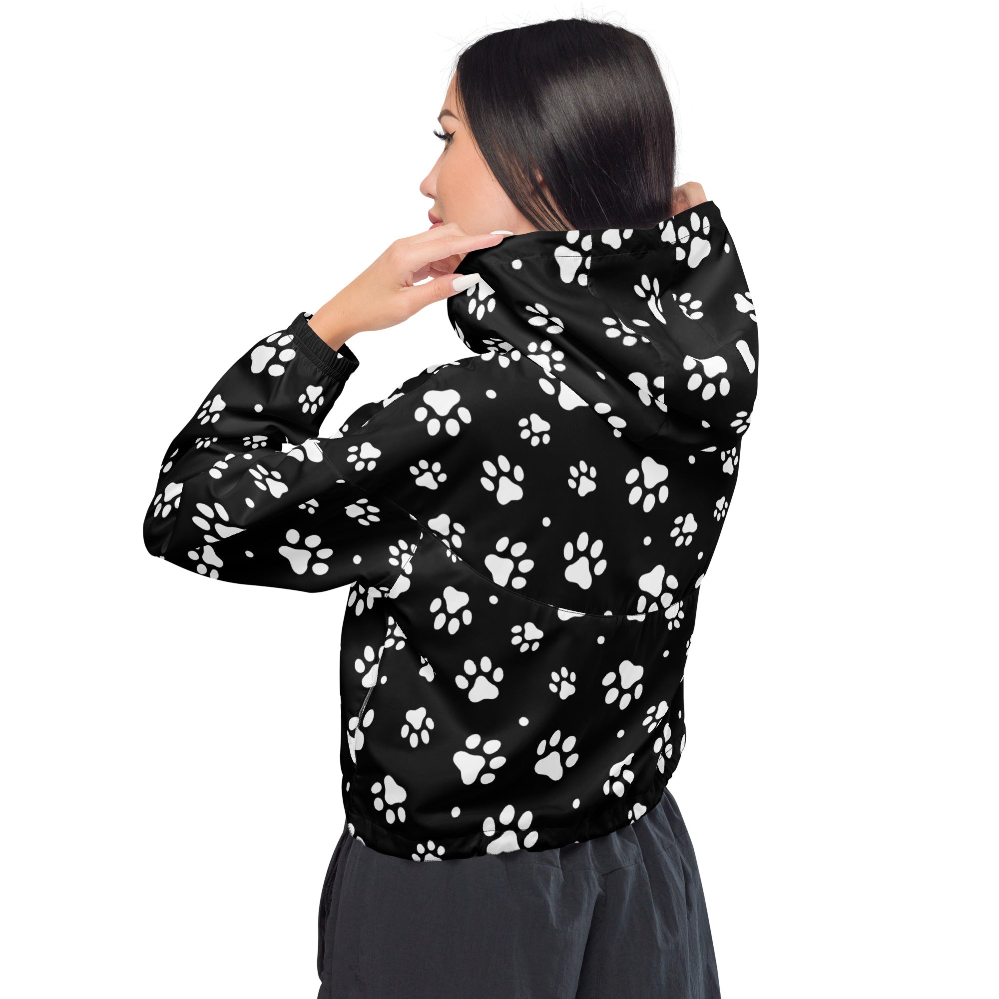 Women’s black hooded cropped windbreaker with white paw print pattern lightweight and water resistant