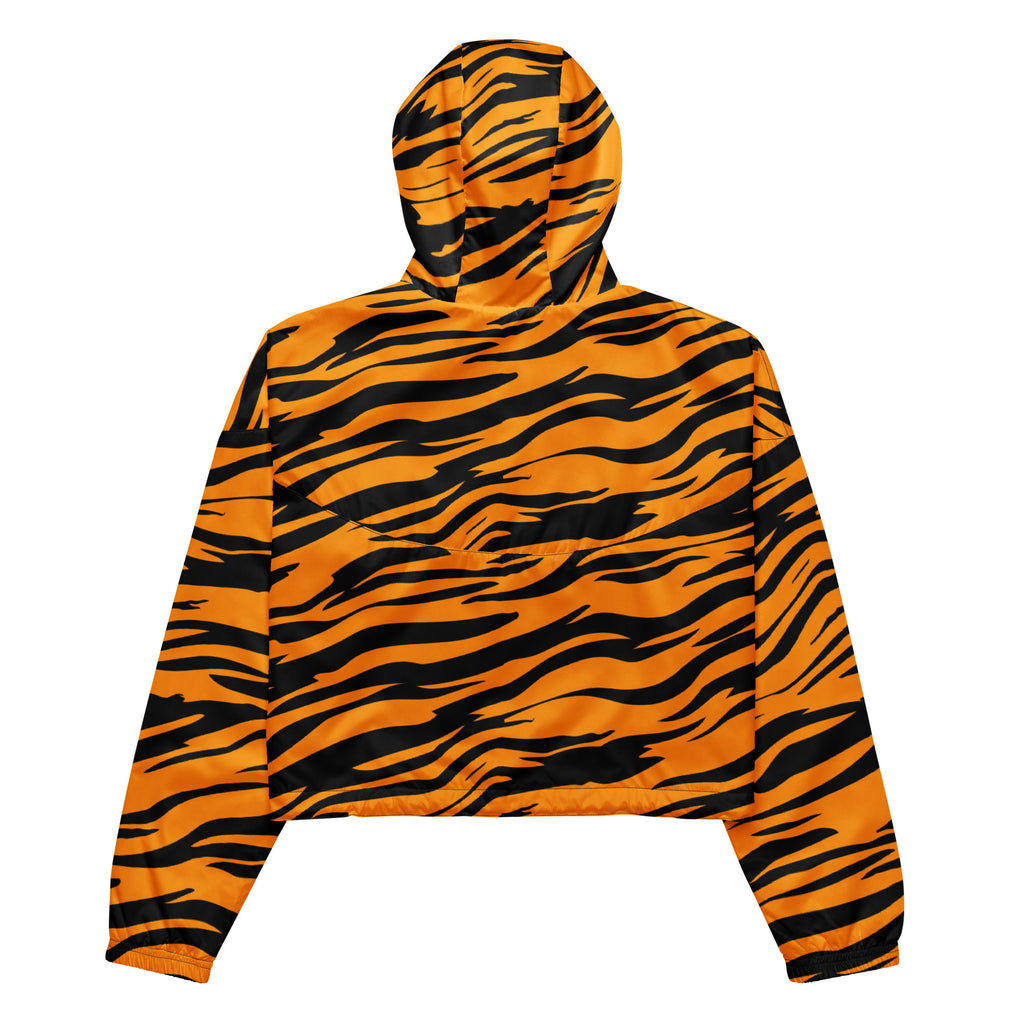 Women’s orange and black tiger-striped cropped windbreaker with adjustable hood and pockets made from lightweight material