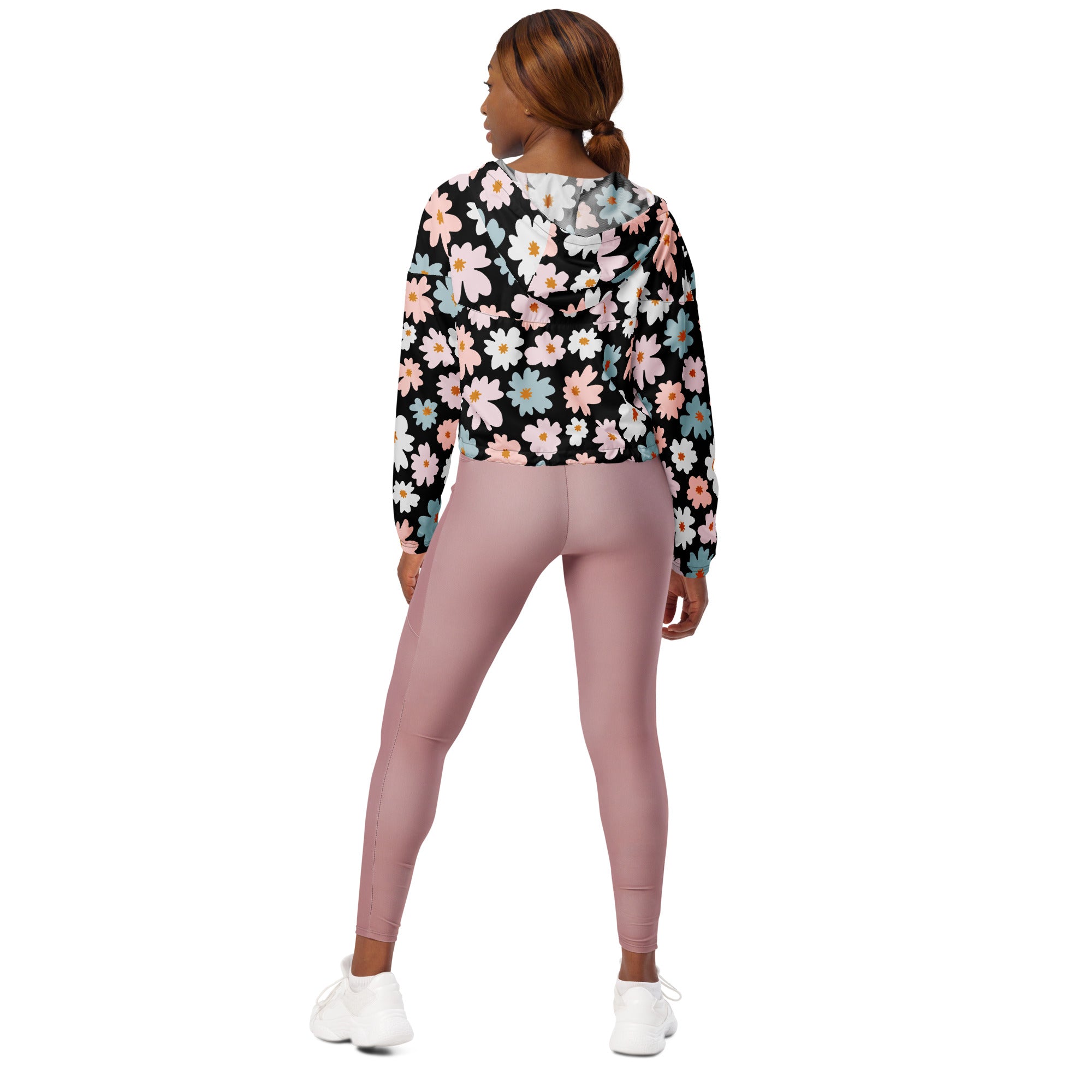 Women’s retro floral cropped lightweight windbreaker jacket black hoodie with pink white and blue daisies