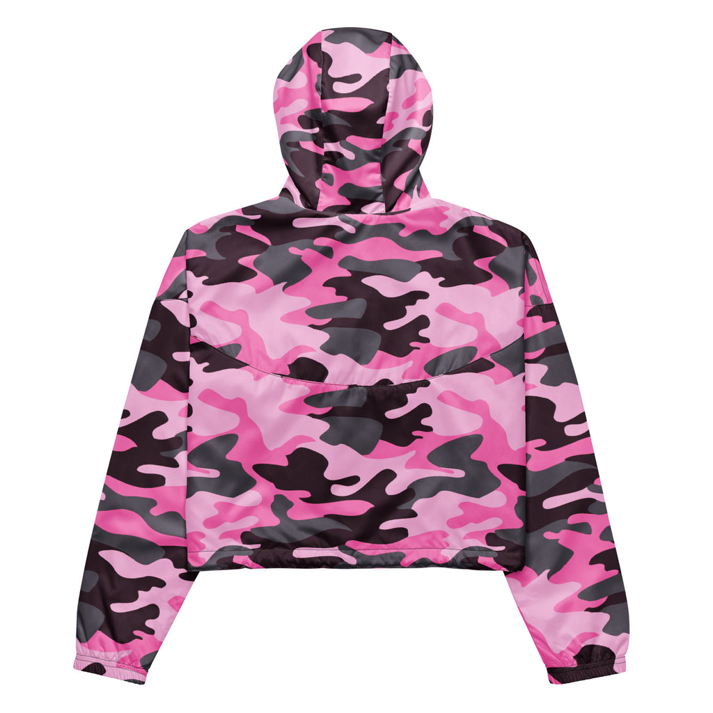 Women’s pink and black camouflage cropped windbreaker with shiny lightweight fabric and adjustable hood and pockets