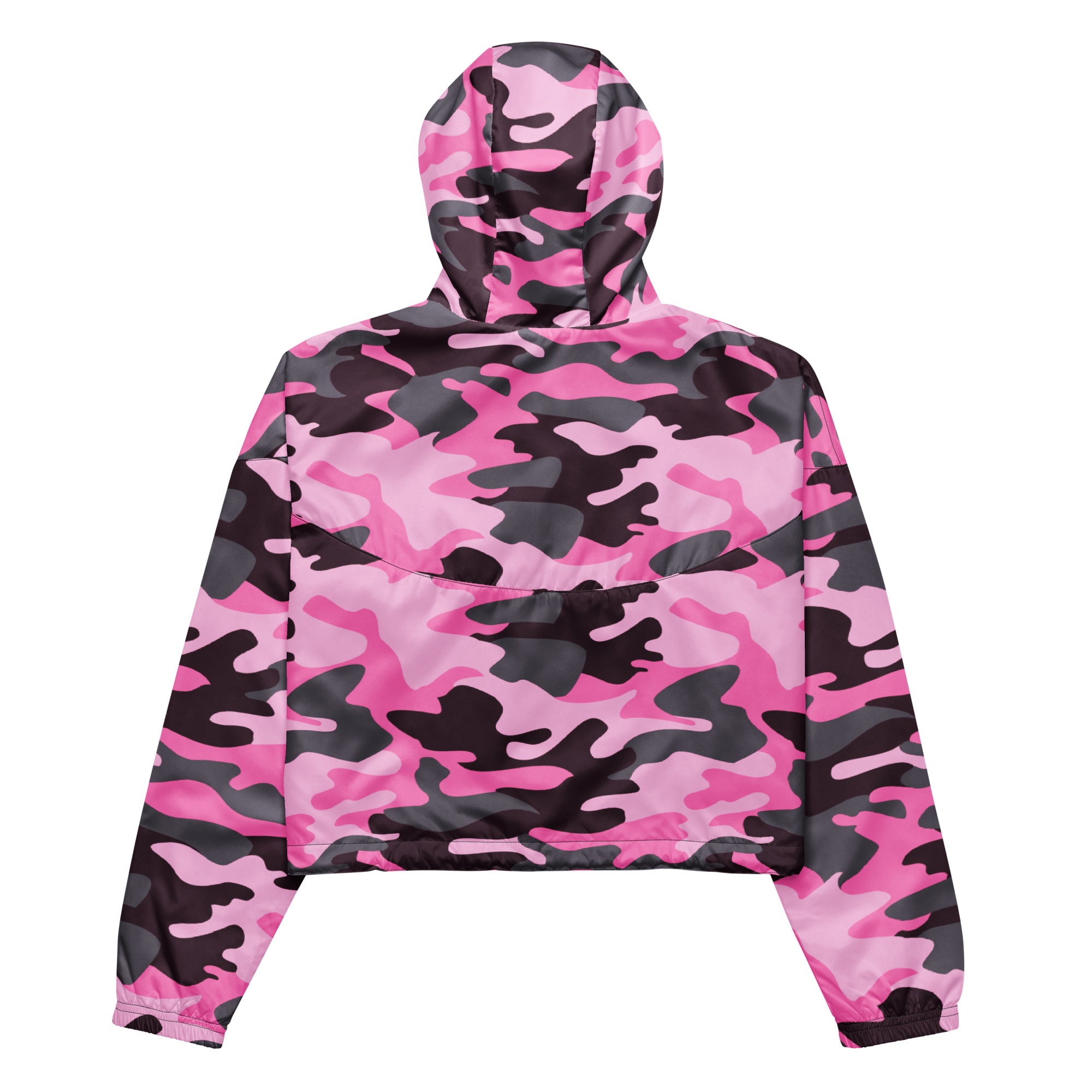 Women’s pink and black camouflage cropped windbreaker with shiny lightweight fabric and adjustable hood and pockets