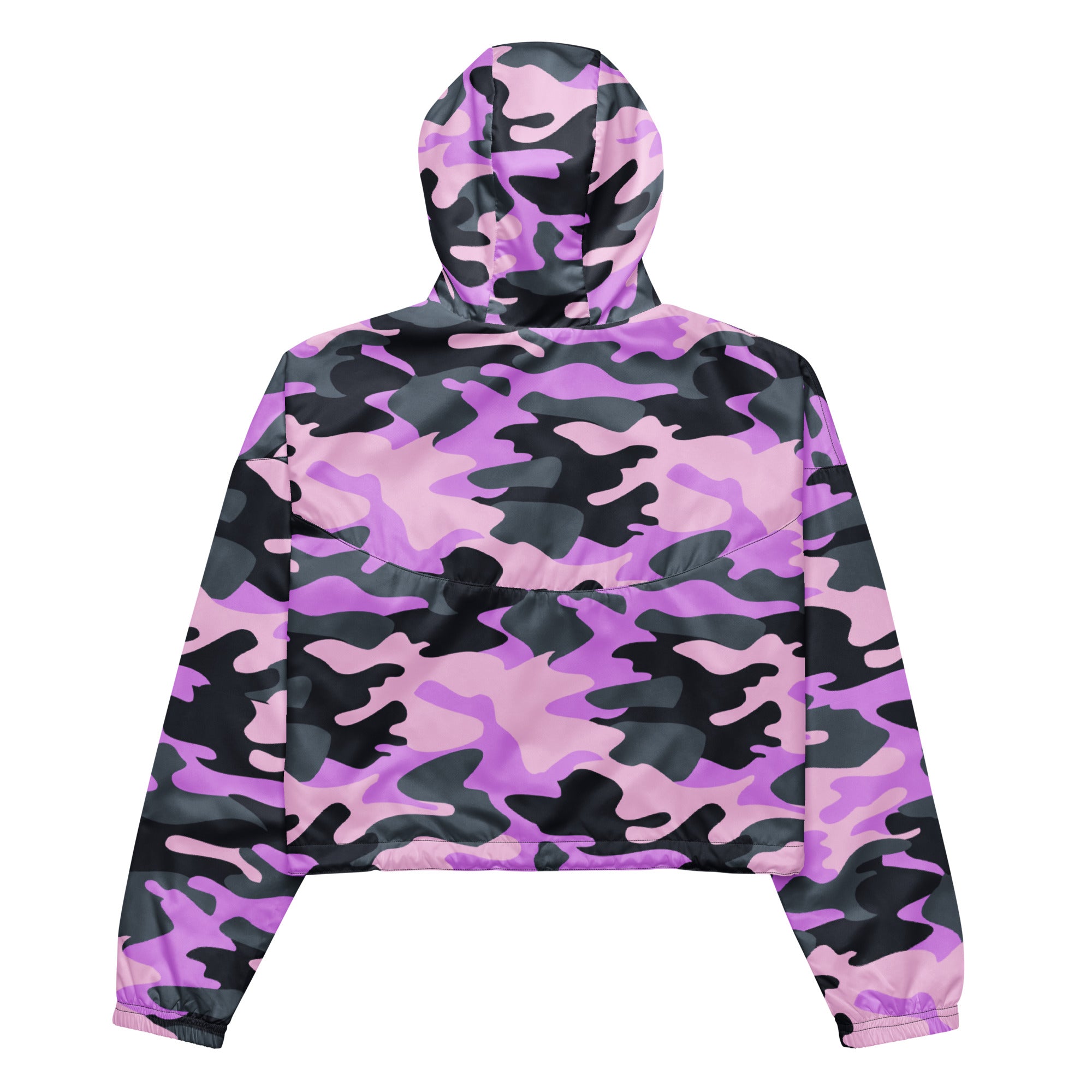 Women’s purple camouflage cropped windbreaker with shiny pink and black pattern lightweight hooded jacket with pockets