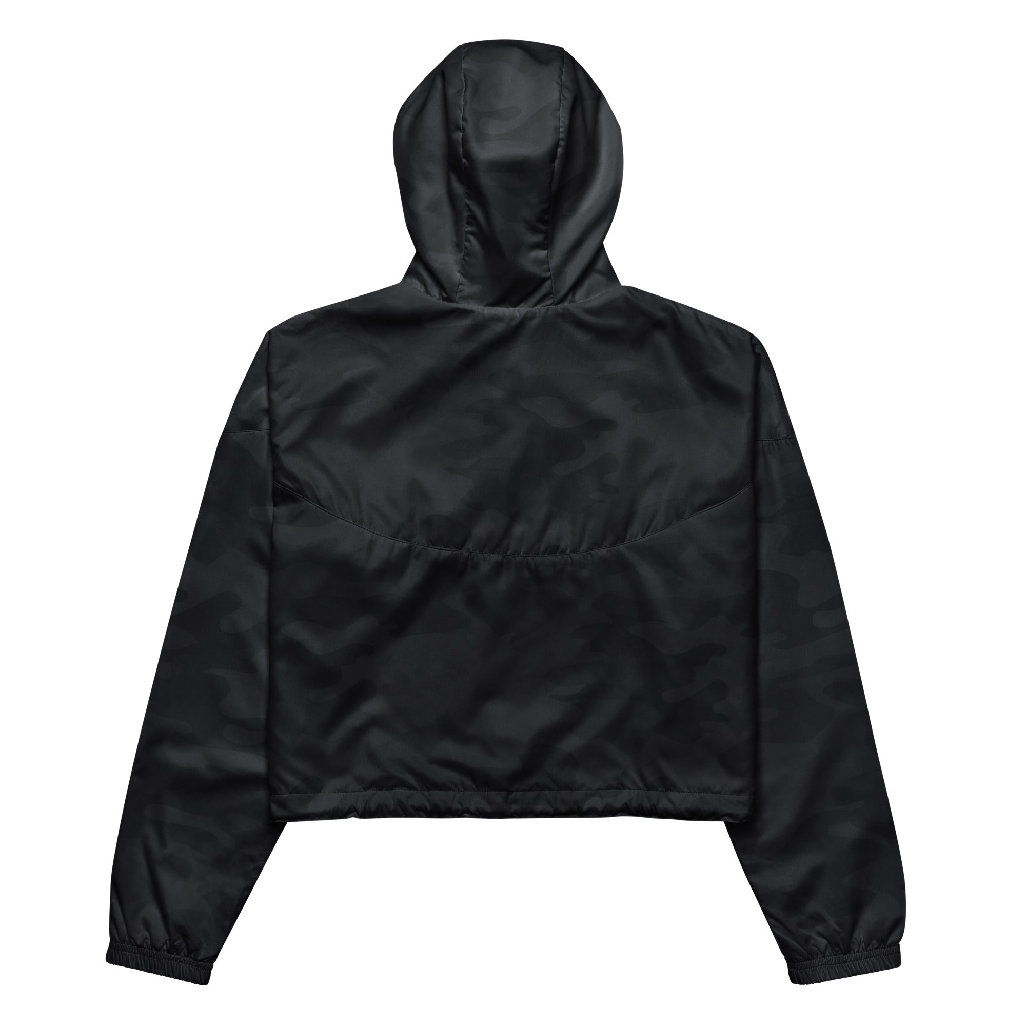 Women’s black camouflage cropped windbreaker with shiny water-resistant fabric elastic cuffs and adjustable hood