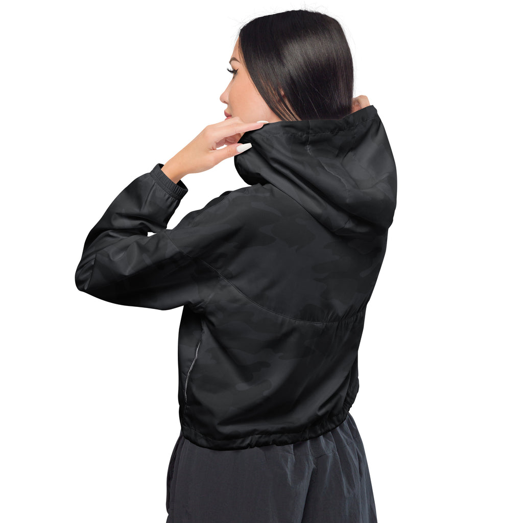 Women’s black camouflage cropped windbreaker with sleek lightweight fabric subtle seam detailing and adjustable hood