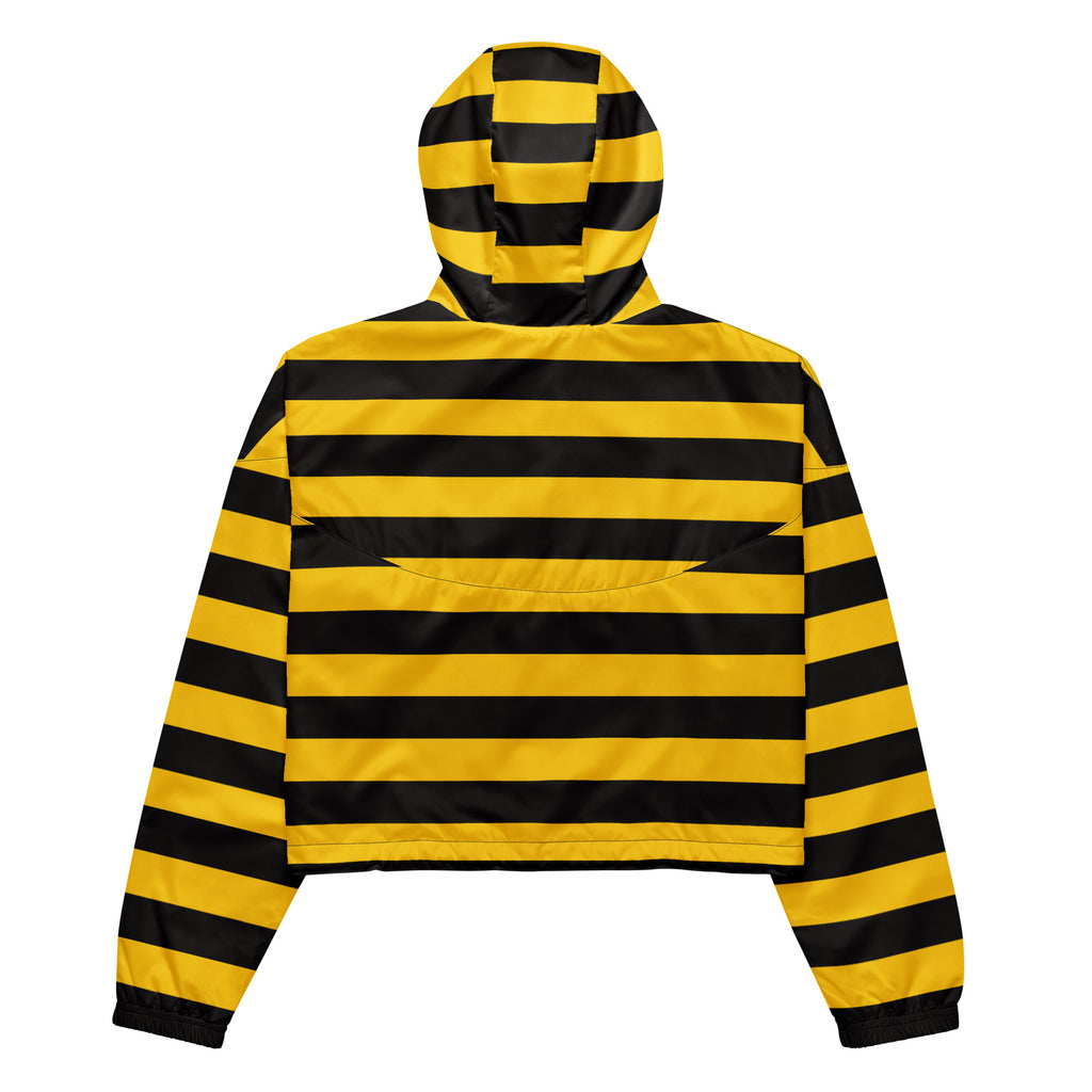 Yellow and black striped cropped hooded jacket made of shiny lightweight fabric with adjustable hood and pockets