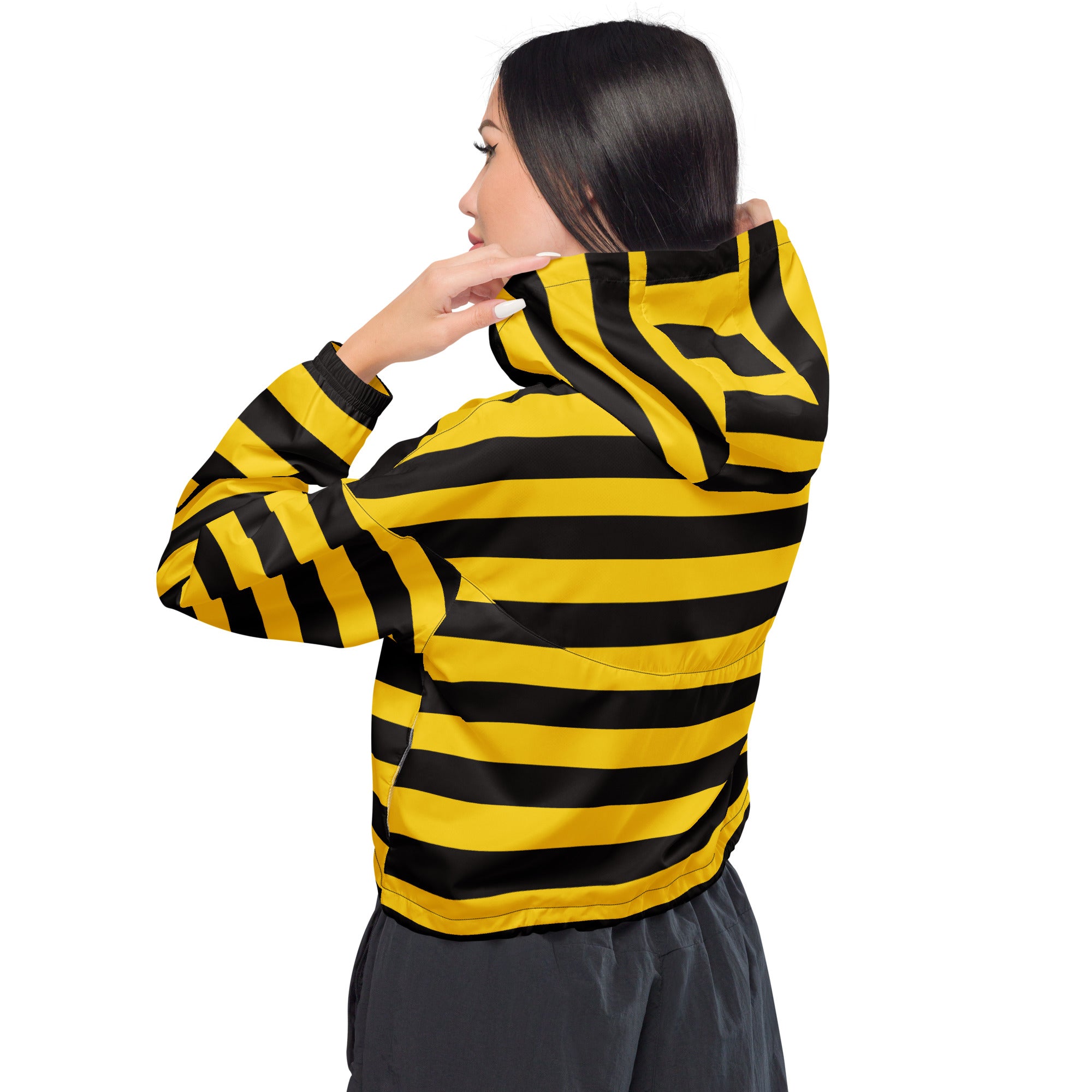 Women’s bumblebee stripe cropped windbreaker with yellow and black stripes lightweight adjustable hood and pockets