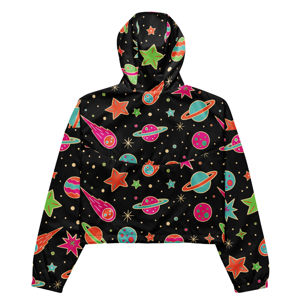 Women’s retro space cropped windbreaker in black featuring neon planets stars and comets with adjustable hood and pockets