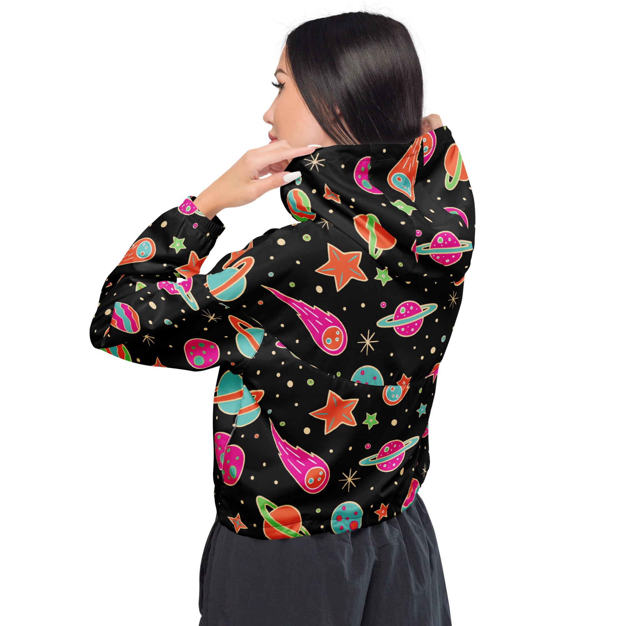 Women’s retro space cropped windbreaker in black with vibrant cartoon planets and stars, lightweight and water resistant