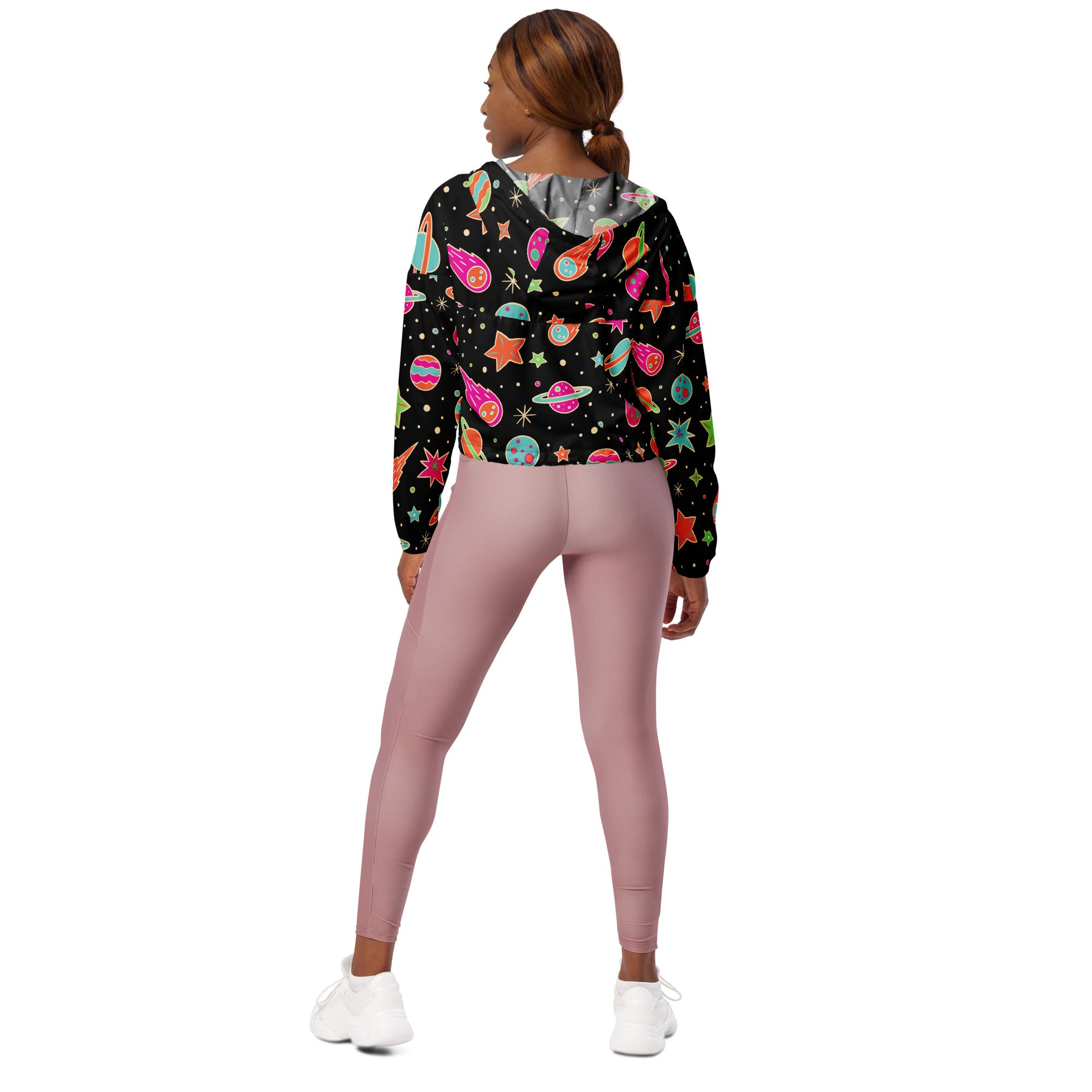 Women’s retro space cropped windbreaker in black with colorful planets stars and rockets print lightweight water resistant