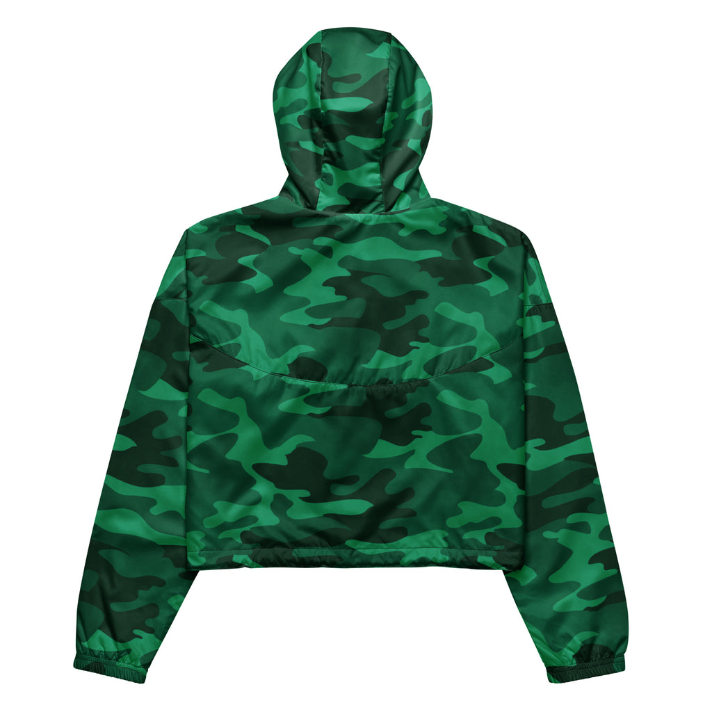 Women’s green camouflage cropped windbreaker jacket with adjustable hood lightweight and water resistant design