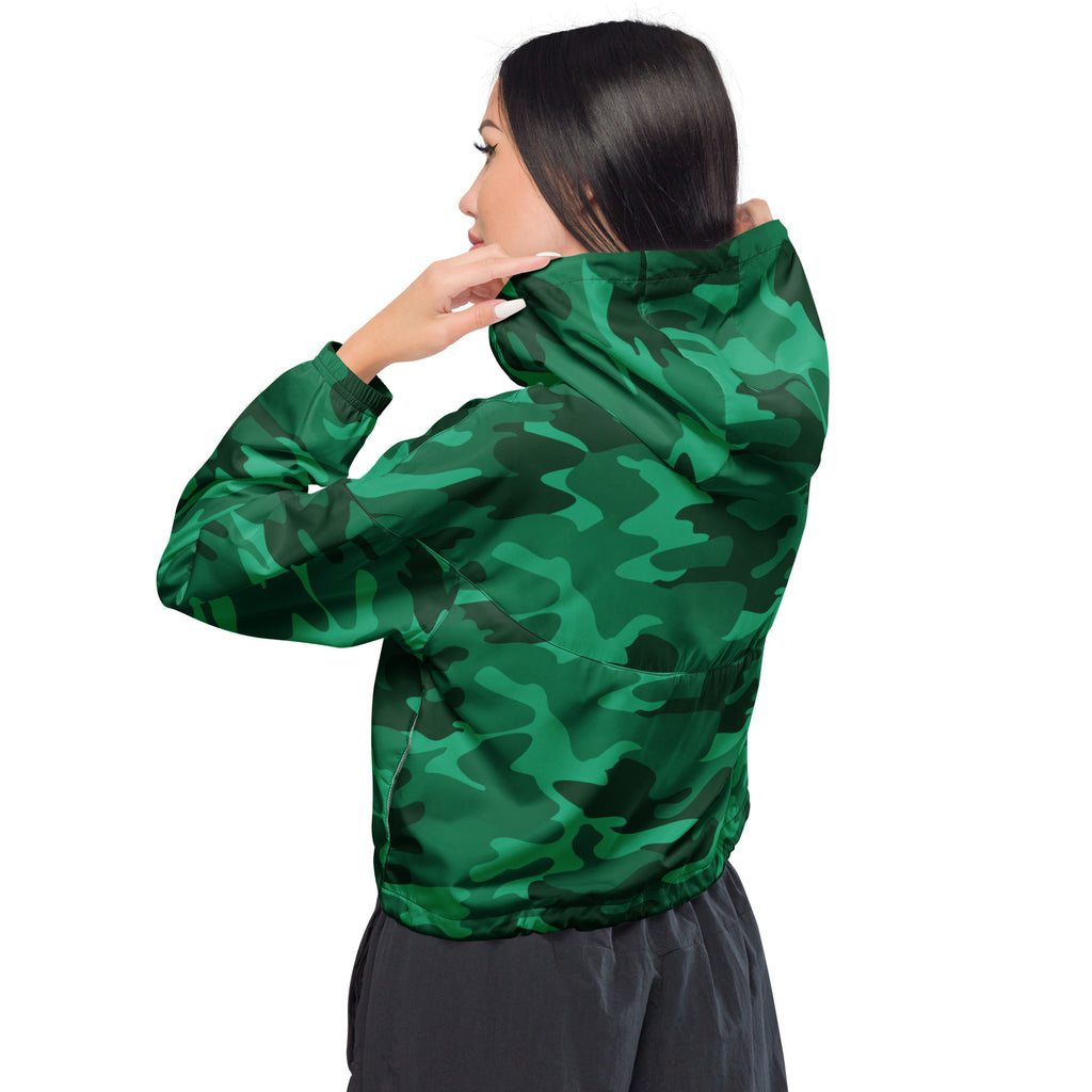 Women’s green camouflage cropped windbreaker with sleek lightweight fabric adjustable hood and pockets